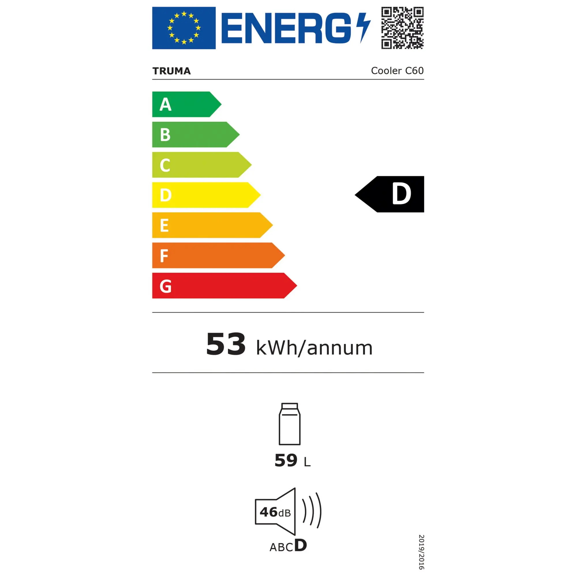 Kompressorkühlbox Truma Cooler, 59 L, EU-Energiekennzeichnung mit farbigen Balken von A bis G und Verbrauch 53 kWh/annum