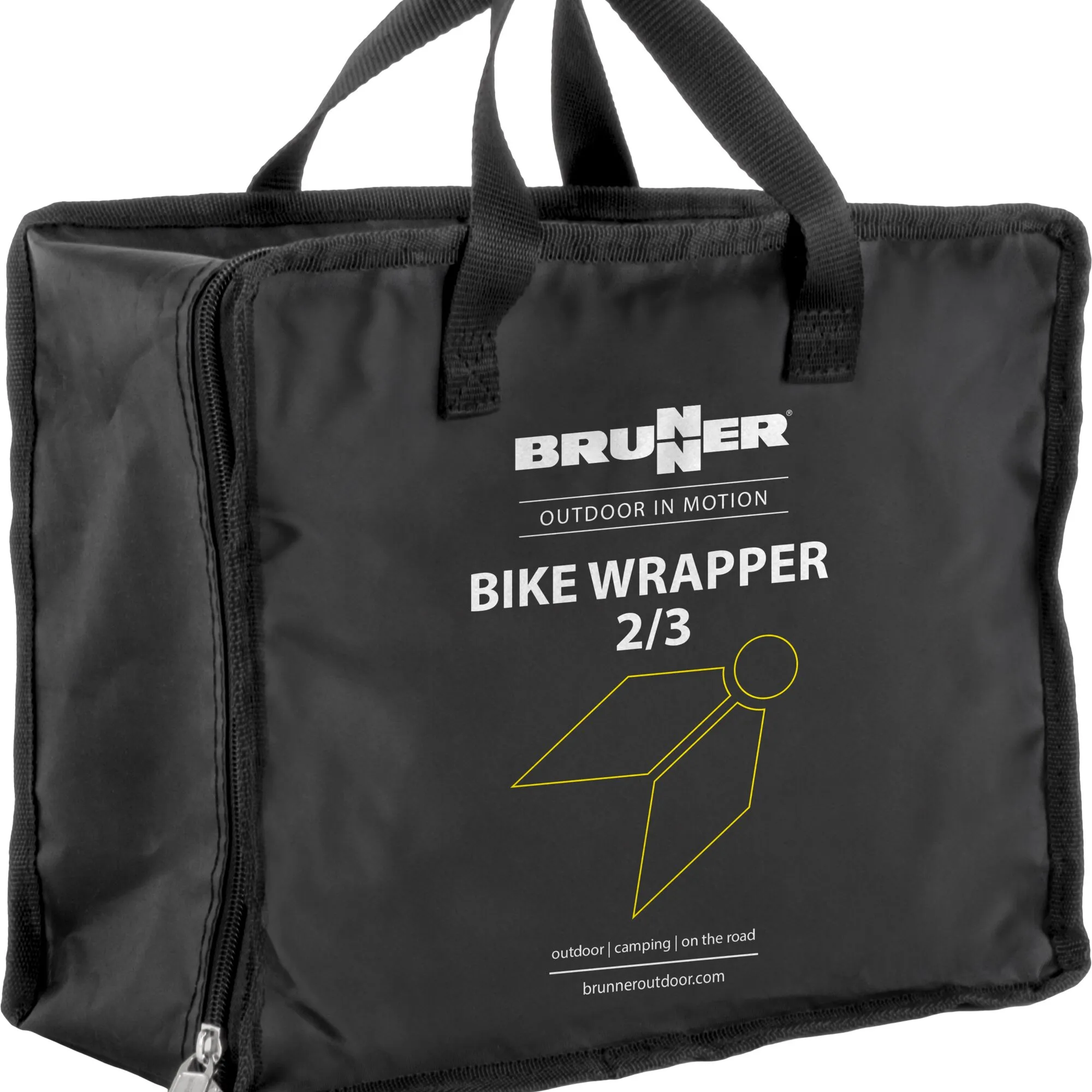 Schwarze Fahrradschutzhülle Brunner Bike Wrapper für zwei bis drei Fahrräder mit Reißverschluss und Tragegriffen