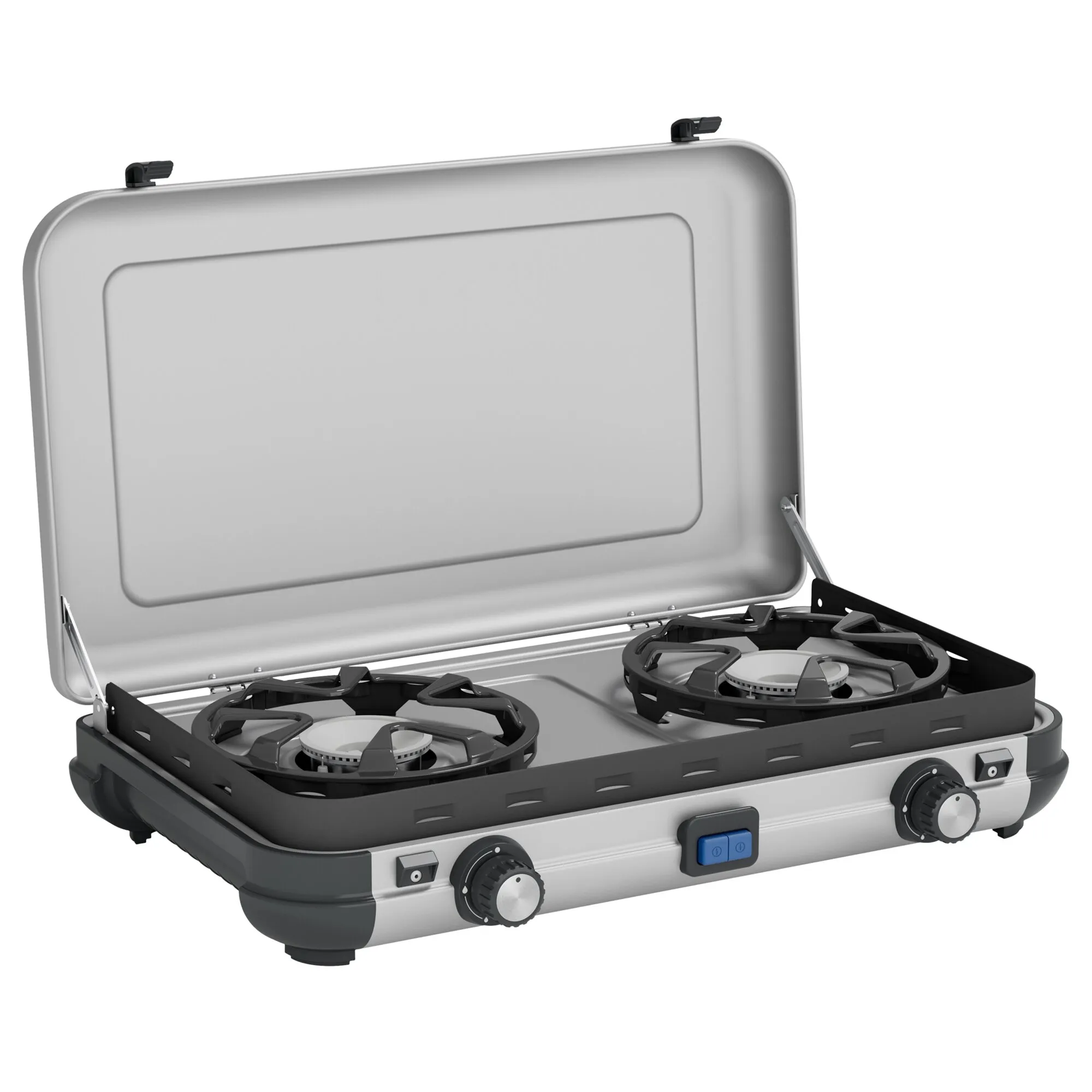 Mobiler Camping-Gaskocher Camping Kitchen 2 MAXI in Schwarz und Silber mit zwei Brennern und geöffnetem Deckel