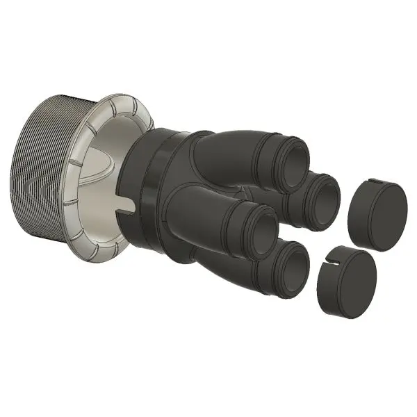 Warmluft-Adapter aus schwarzem Kunststoff mit drei Anschlussrohren, linker silberner Metall-Gewinde-Ring und zwei abnehmbare Endkappen rechts