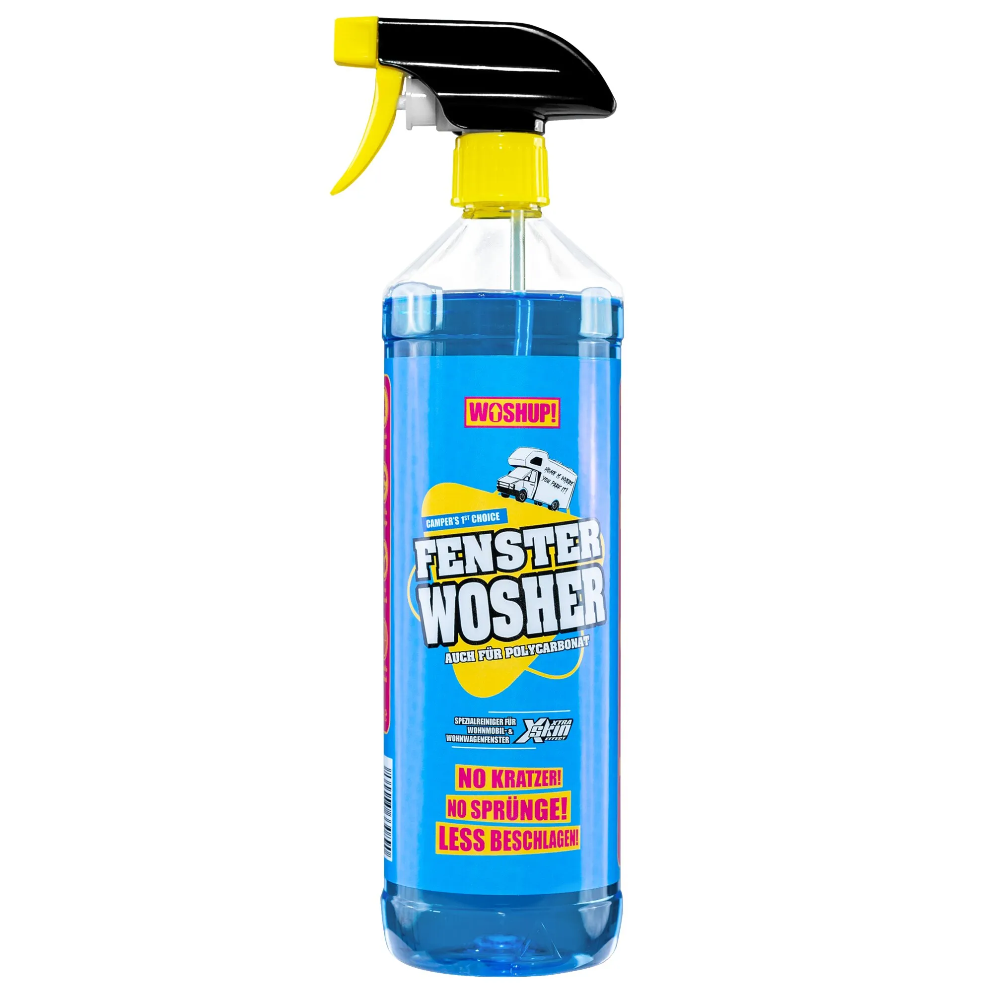 Transparente 1-Liter-Sprühflasche mit blauem Fensterreiniger und gelb-schwarzem Sprühkopf, Etikett Fenster Wosher