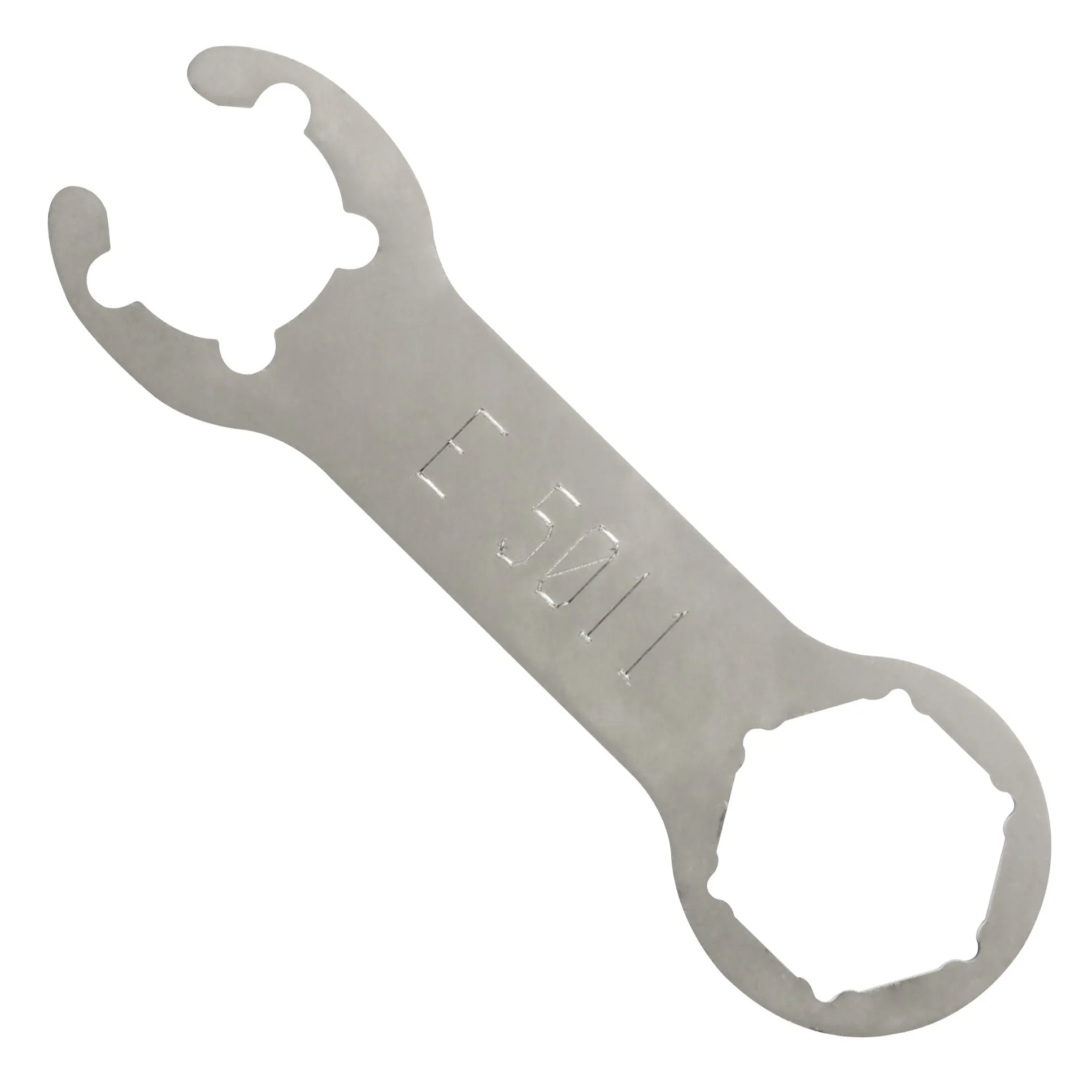 Flacher silberfarbener Gasflaschenschlüssel aus Metall mit zwei unterschiedlich geformten Öffnungen für Gasregler