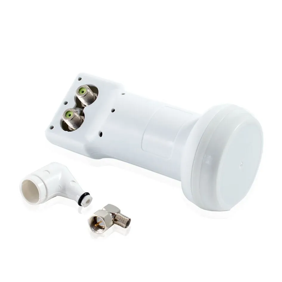Weißer Twin-Umrüstsatz CASAT103Z mit zwei LNB-Anschlüssen sowie separatem Winkeladapter und Metallverbinder