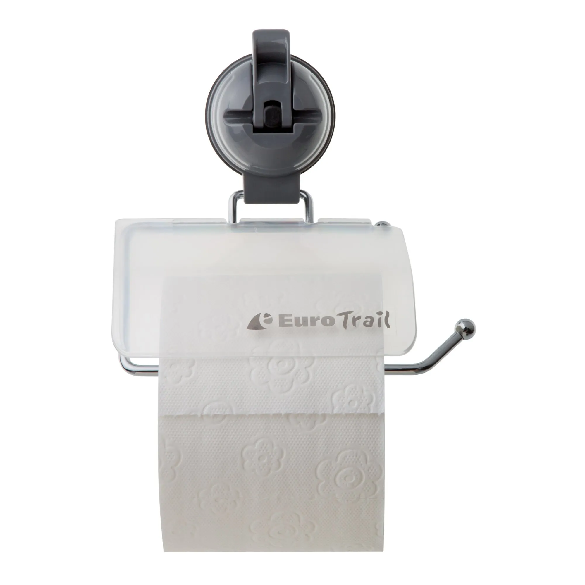 Dunkelgrauer Toilettenpapierhalter mit transparenter Abdeckung, verchromtem Haltebügel und eingelegter Toilettenpapierrolle von EuroTrail