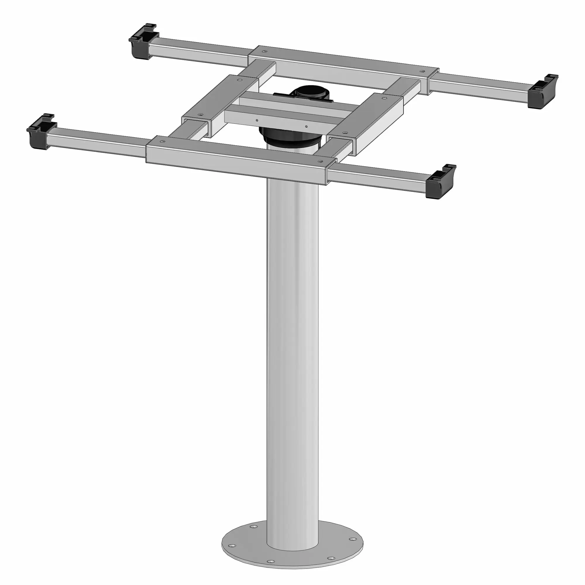 Ansicht einer Tischsäule mit X/Y-Verschiebung: vertikale Säule, Rahmen aus Profilleisten, oben schwarze runde Platte, Bodenplatte mit Lochkreis