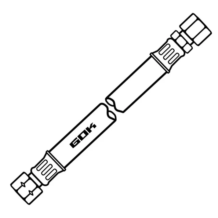 Mitteldruck-Schlauchleitung aus Metall mit schwarzem Schlauch, beidseitigen Verschraubungen und EDK-Aufdruck, 400 mm lang