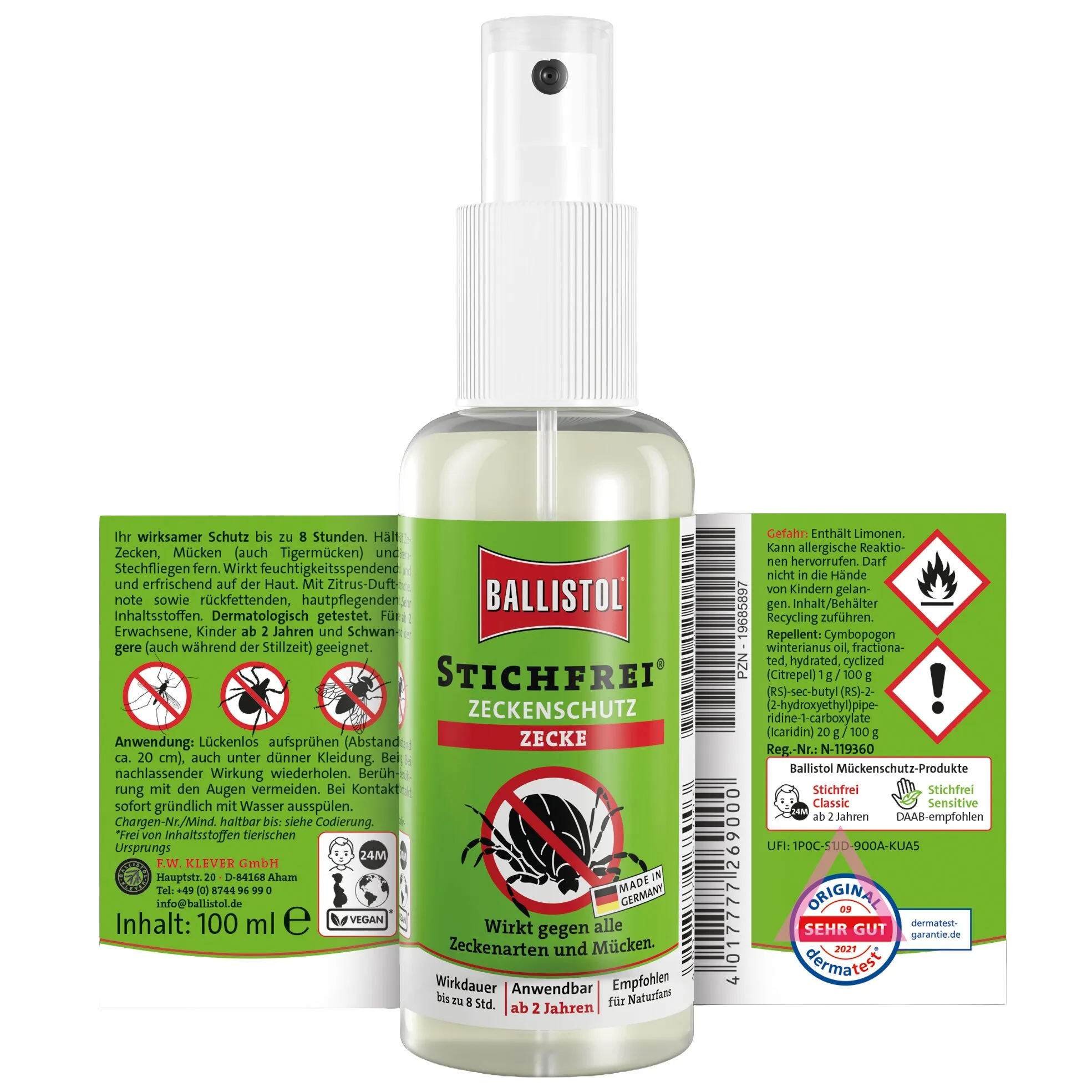 Ballistol Stichfrei Zeckenschutz als 100-ml-Sprühflasche mit grünem Etikett und Zeckenmotiv, daneben die Produktverpackung