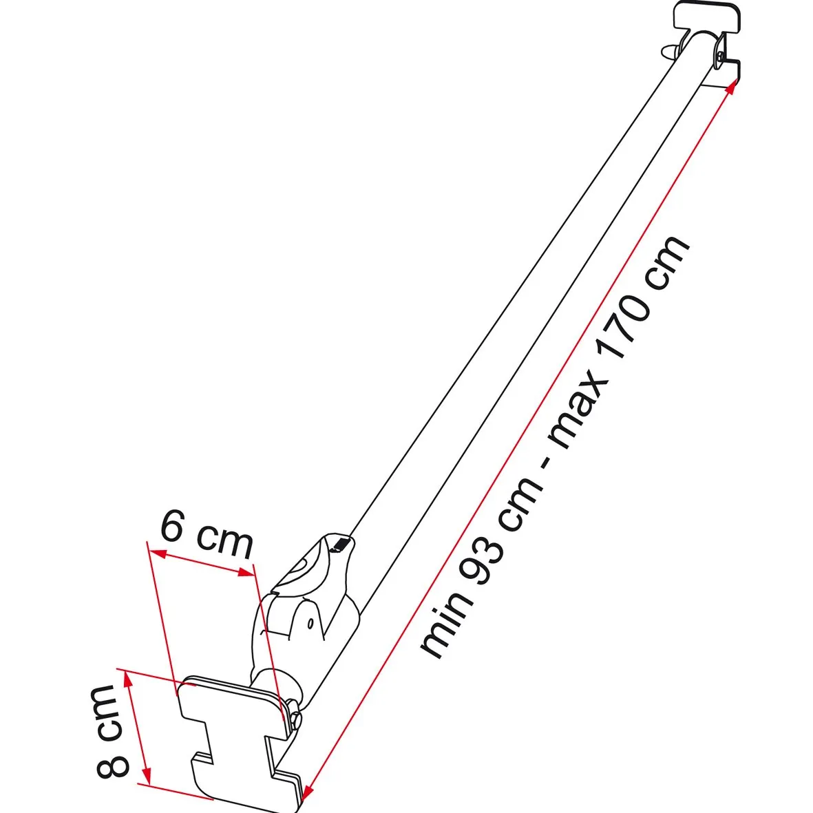 Transportsicherungsstange mit Klemmhaltern, verstellbar von 93 bis 170 cm, Abmessungen der Halter 6 × 8 cm