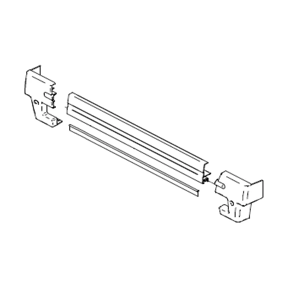 Technische Strichzeichnung des Thule Slide-Out Step 400 Schmutzschutzes mit zwei Halterungen und langen Schutzprofilen