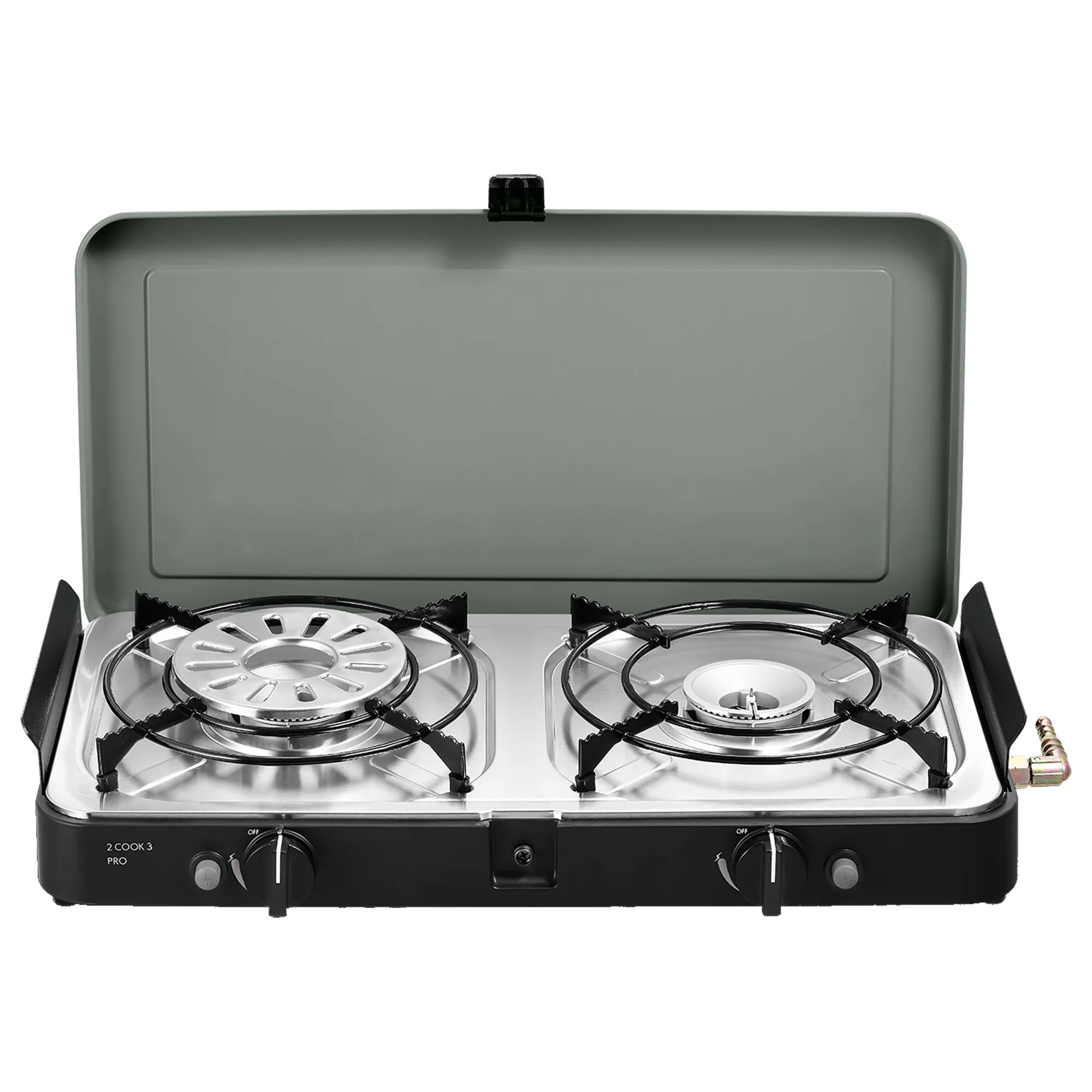 Zweiflammiger Gaskocher 2 Cook 3 Pro Deluxe in Schwarz und Silber mit aufgeklapptem Deckel und zwei Topfauflagen