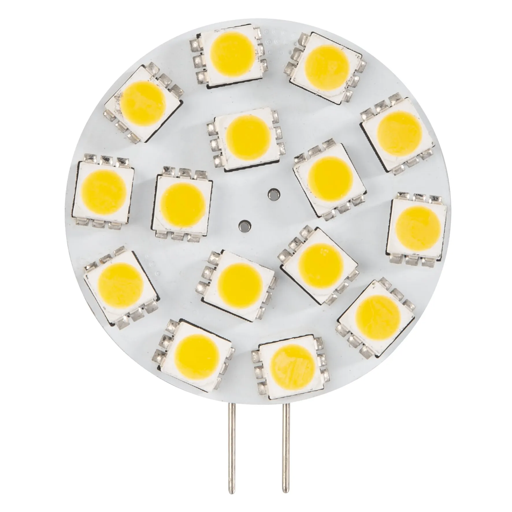 Rundes G4-LED-Flachmodul mit 2,20 W, zwölf sichtbaren gelben LED-Chips und zwei geraden Anschlussstiften