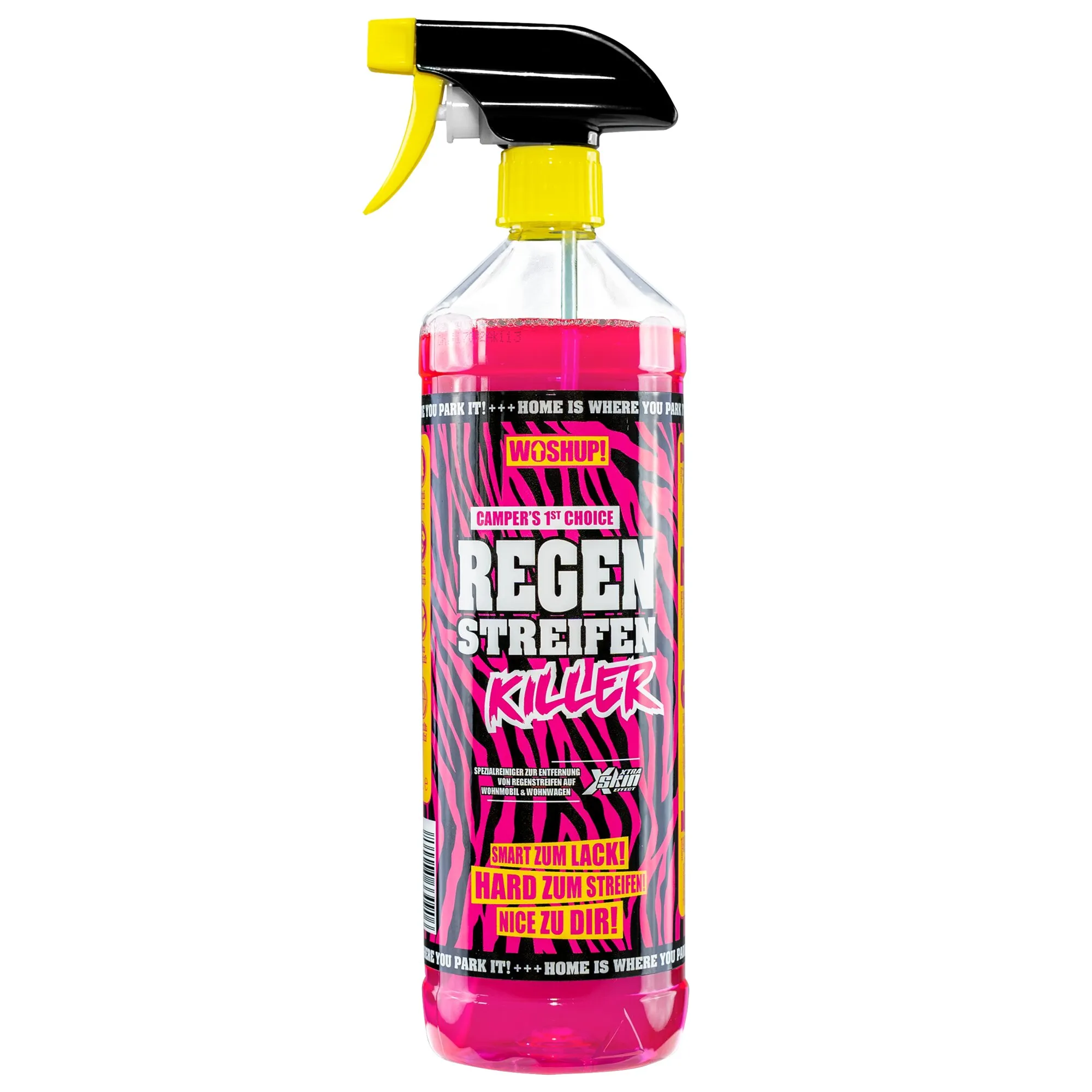 Transparente 1-Liter-Sprühflasche mit pinkem Reiniger, schwarz-gelbem Sprühkopf und Etikett Regenstreifen Killer