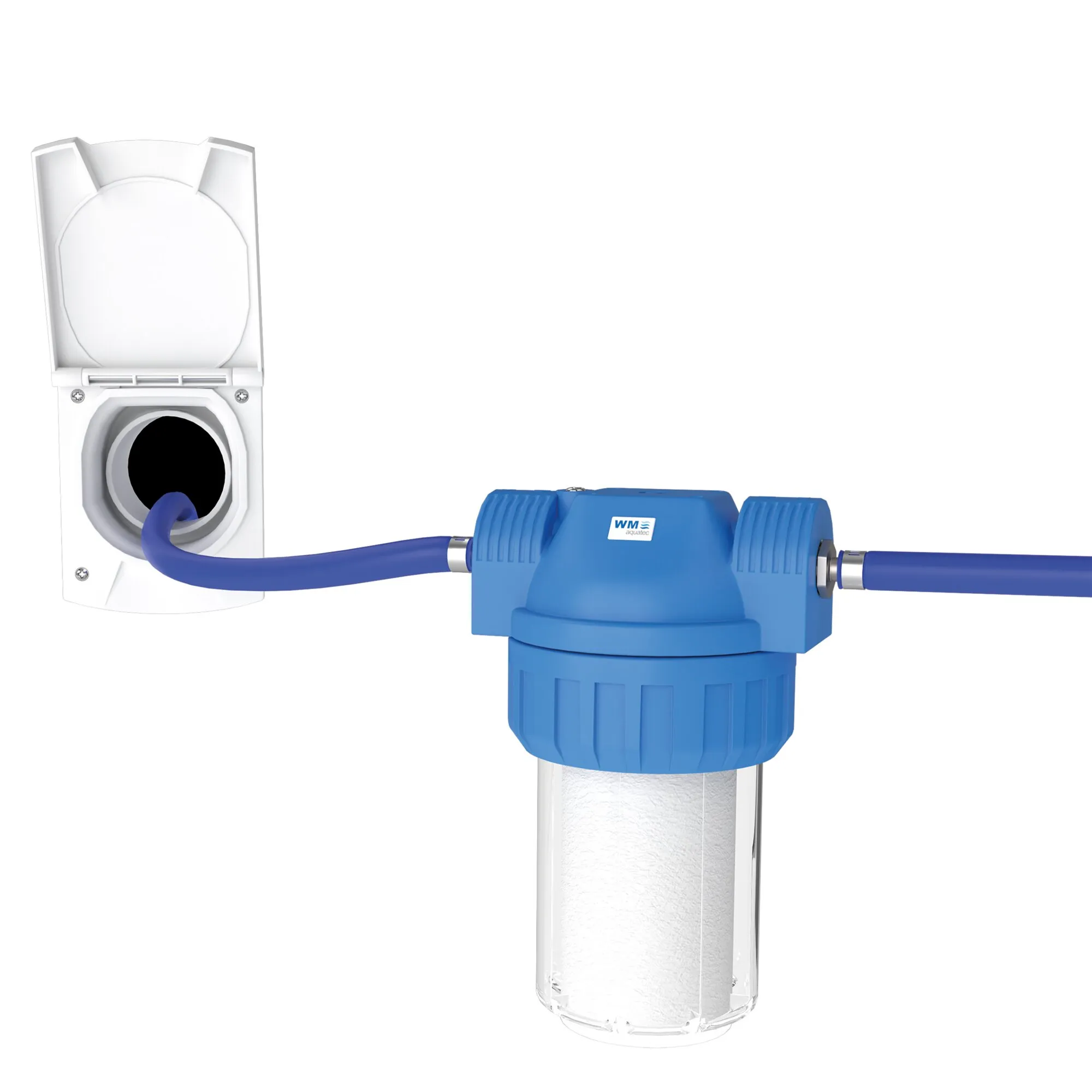 Wasserfilter-Set Mobile Edition mit blauem Filtergehäuse, transparentem Filterbecher, weißer Filterkartusche und blauen Anschlussschläuchen
