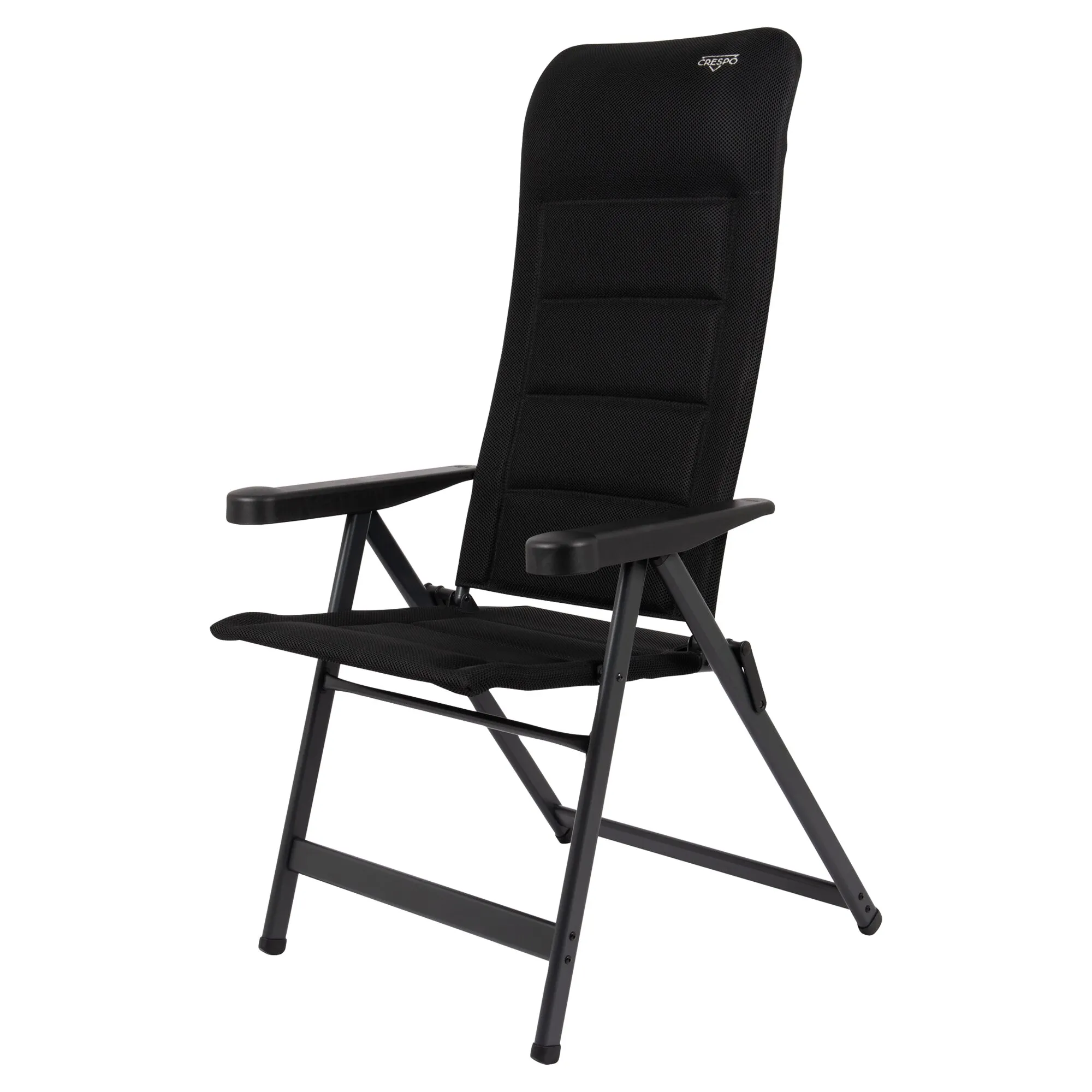Schwarzer Campingstuhl AP/240 Air-Deluxe mit verstellbarer Rückenlehne, Armlehnen und faltbarem Metallgestell