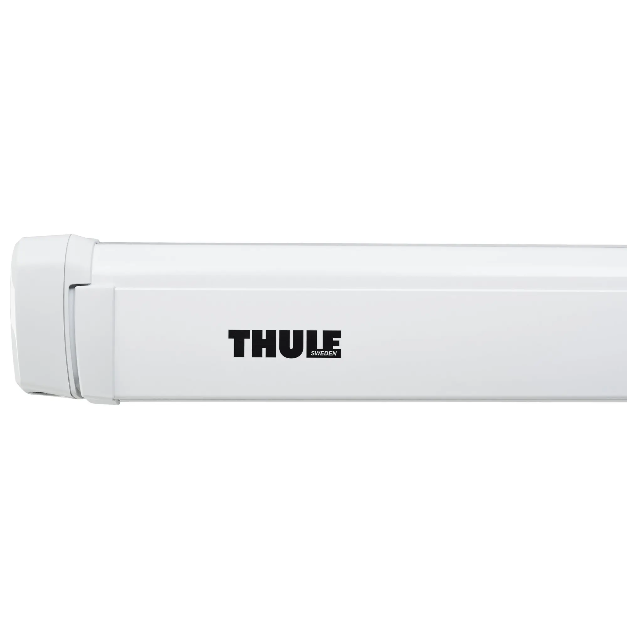 Weißes Markisen-Gehäuse mit sichtbarem THULE-Logo, horizontale Ausführung, kompakte Bauform
