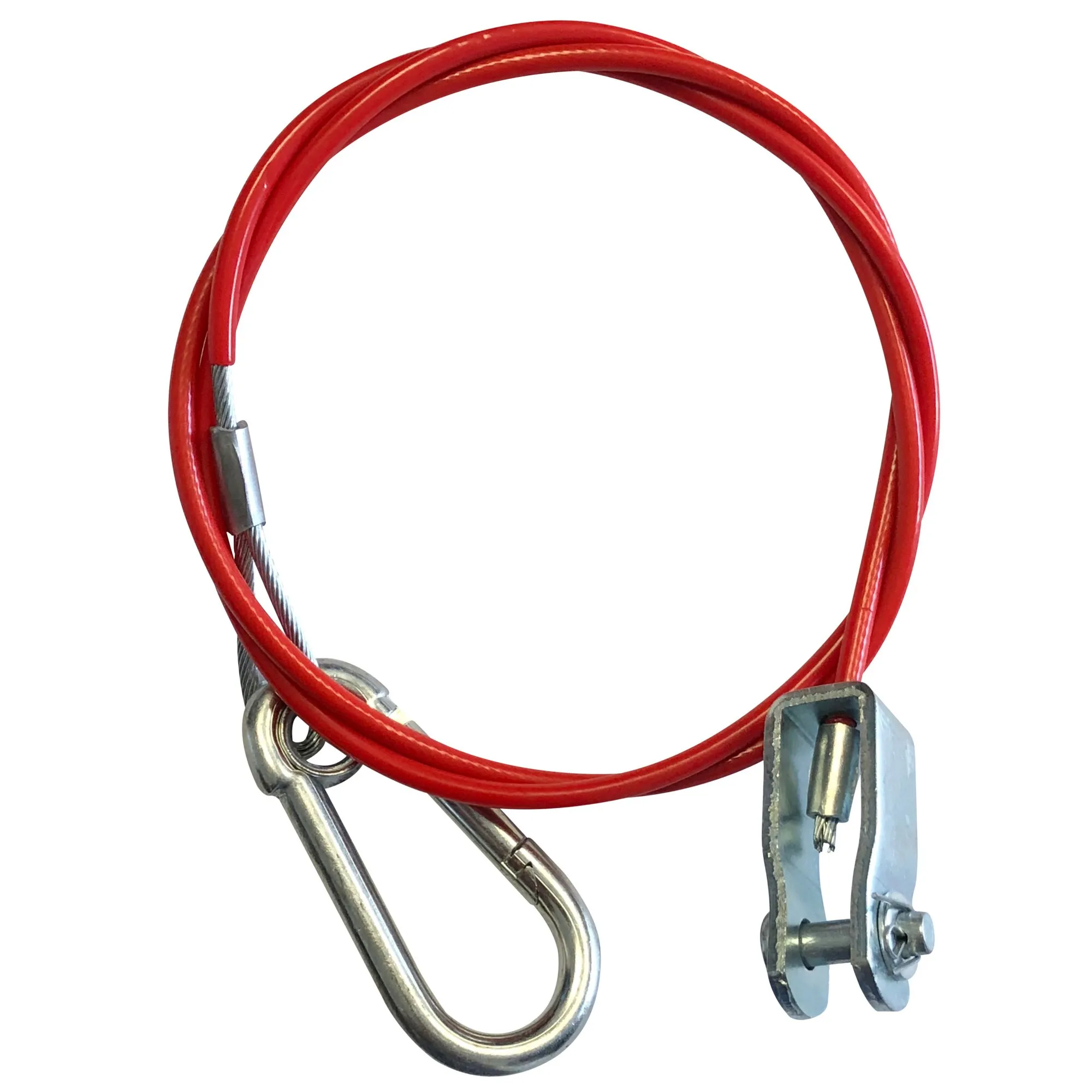 Rotes Abreißseil aus Stahlseil mit Metallkarabiner und verzinktem Gabelkopf samt Sicherungsbolzen, auf weißem Hintergrund