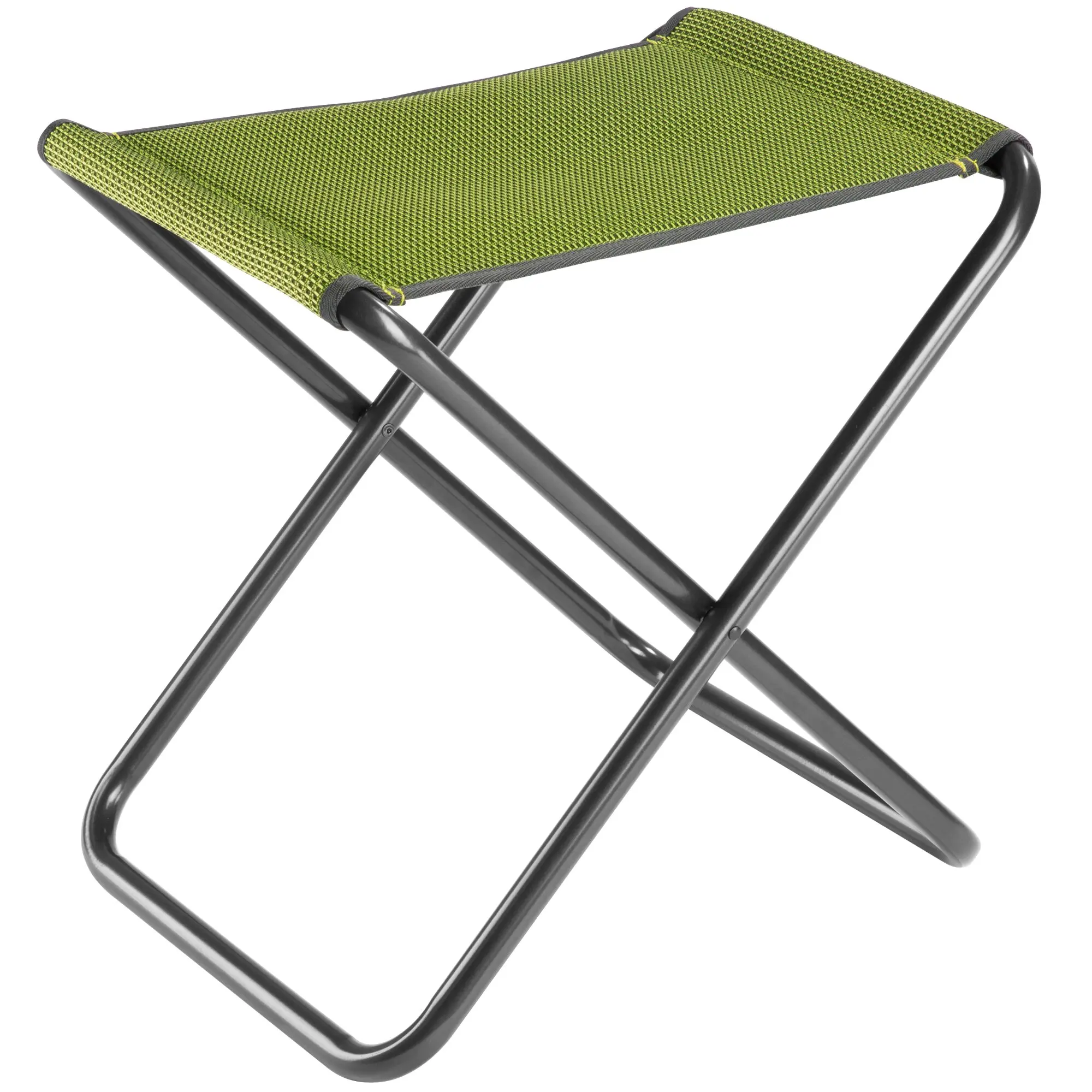 Faltbarer Hocker mit hellgrünem Mesh-Sitz und grauem Metallgestell, Seitenansicht, gelbe Randnaht sichtbar