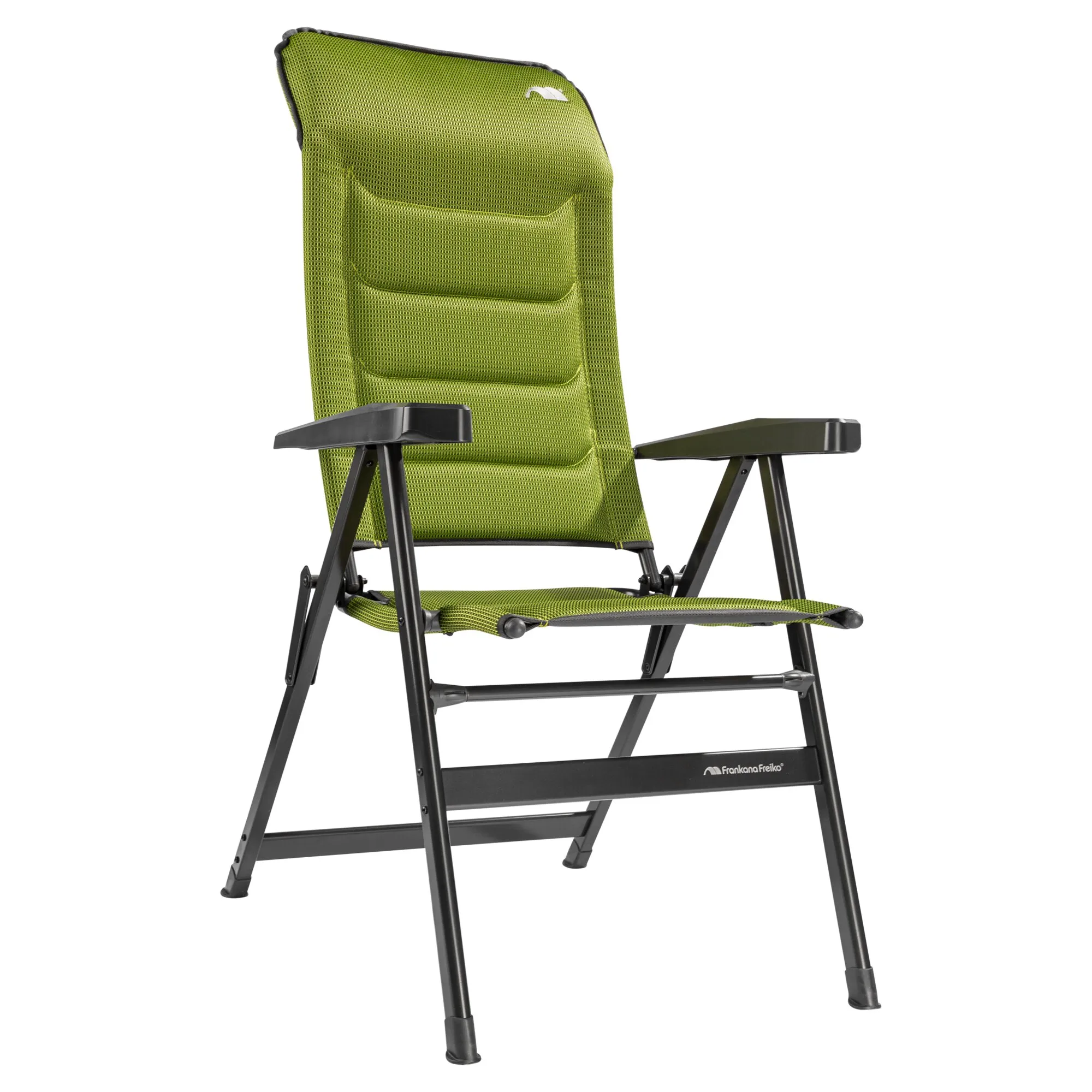 Hellgrüner Campingstuhl HighQ Basic mit schwarzem Gestell, Armlehnen und hochklappbarer Rückenlehne in Frontansicht