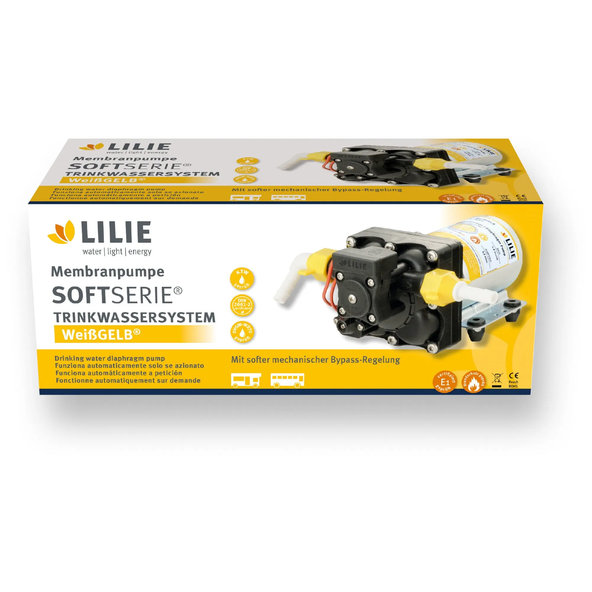 Verpackung der LILIE Membranpumpe SOFTSERIE® für Trinkwassersysteme WeißGELB® mit abgebildeter schwarzer und gelber Pumpe