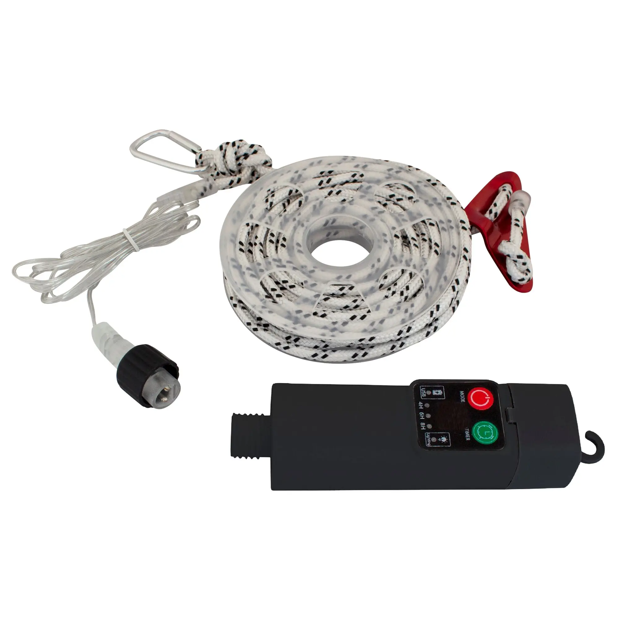 Weiße Abspannleine mit integrierten LED-Leuchten auf Rolle, Karabinerhaken, roter Klemme und schwarzem Steuergerät