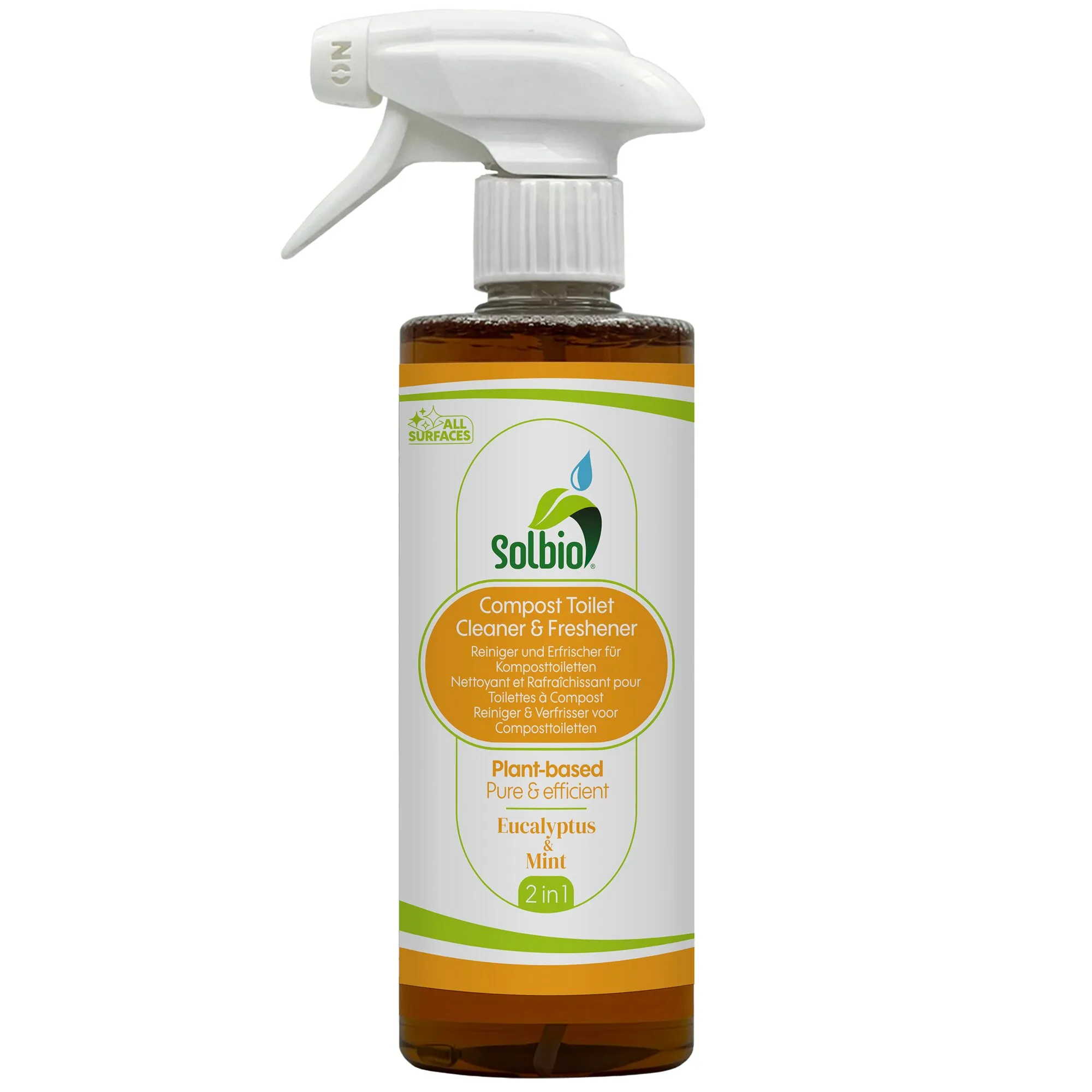 Braune Sprühflasche von Solbio mit weißem Sprühkopf, Etikett für Komposttoiletten-Reiniger und Erfrischer mit Eukalyptus und Minze