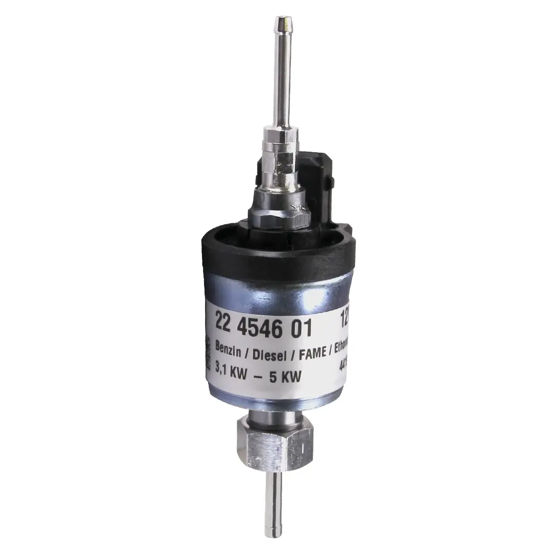 Kompakte 12-V-Dosierpumpe mit silbernem Metallzylinder, schwarzer Oberseite, langem senkrechten Antriebsstift oben, Befestigungsmutter unten