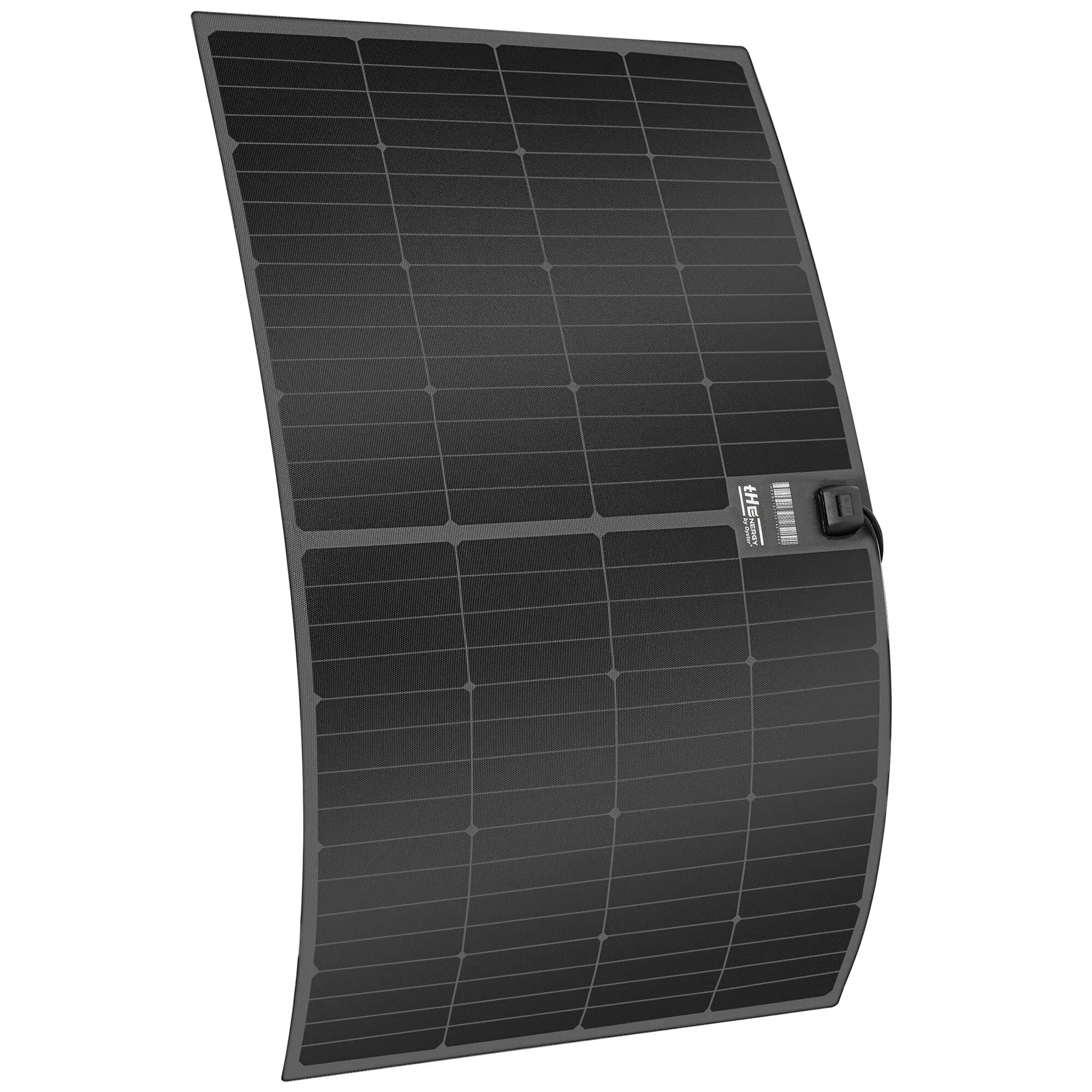 Solarmodul mit schwarzen PV-Zellen in Rasteranordnung, grauer Rahmen; leicht geneigte Sicht, unten rechts sichtbarer Anschlussblock, 210 Wp
