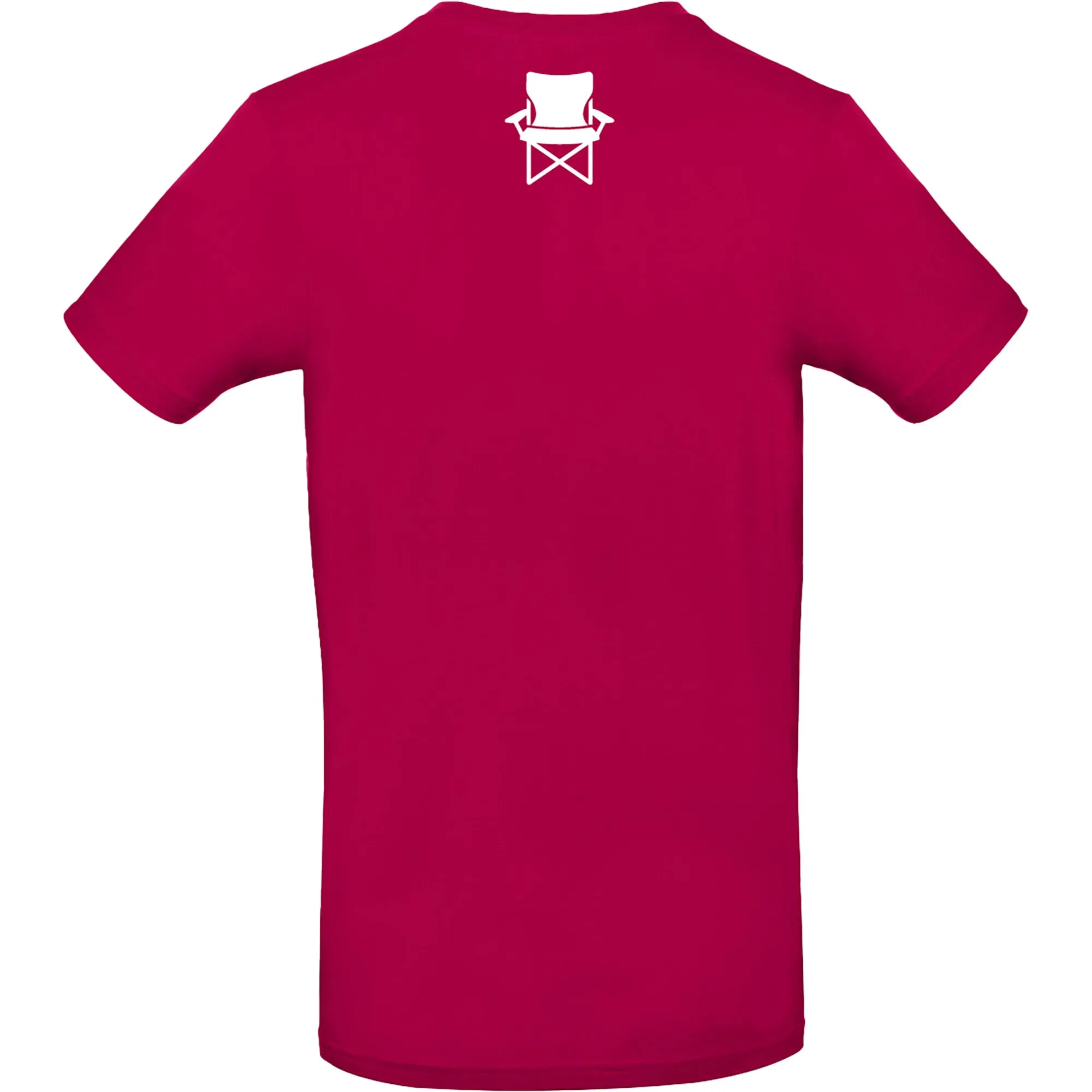 Fuchsiafarbenes T-Shirt in Größe 3XL mit weißen Aufdruck eines Campingstuhls auf der Vorderseite