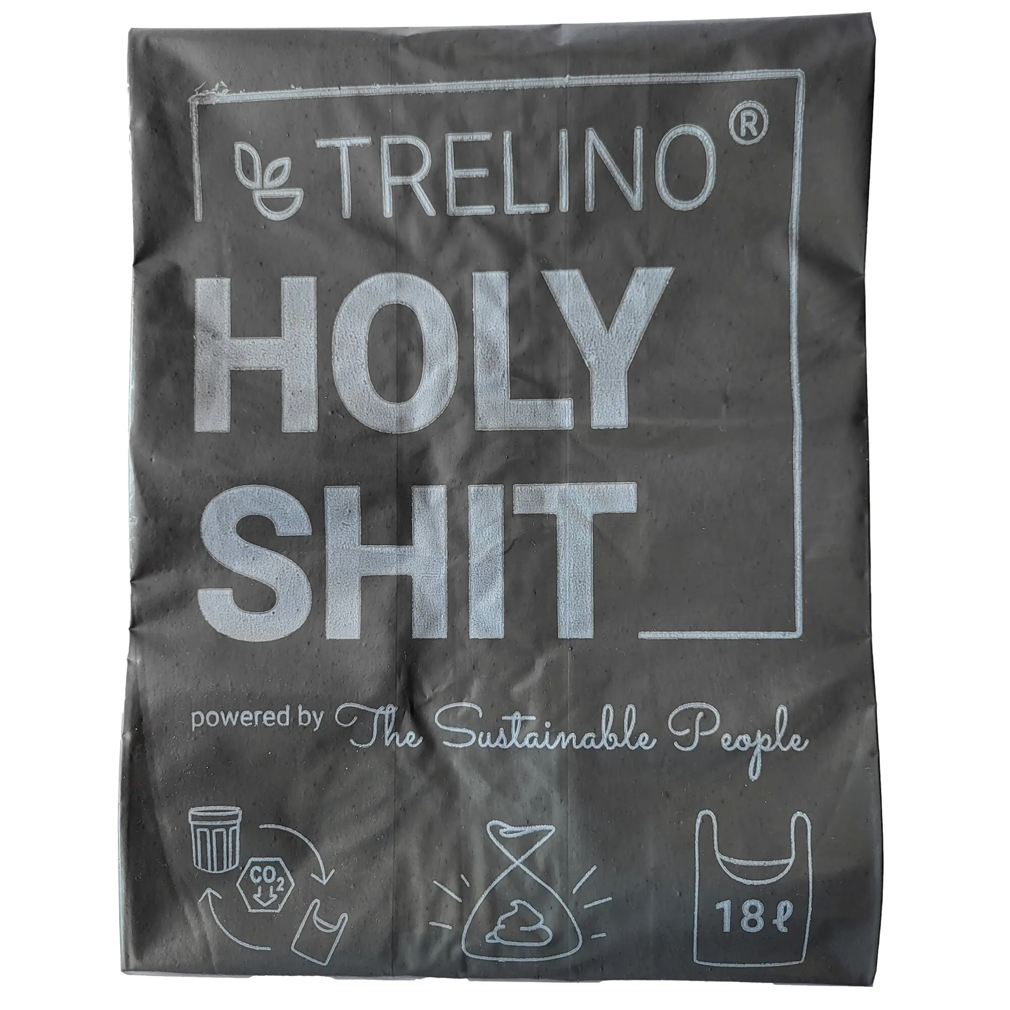 Schwarzer 18-Liter-Recycling-Fäkalienbeutel von Trelino mit Aufdruck „Holy Shit“ und Entsorgungssymbolen