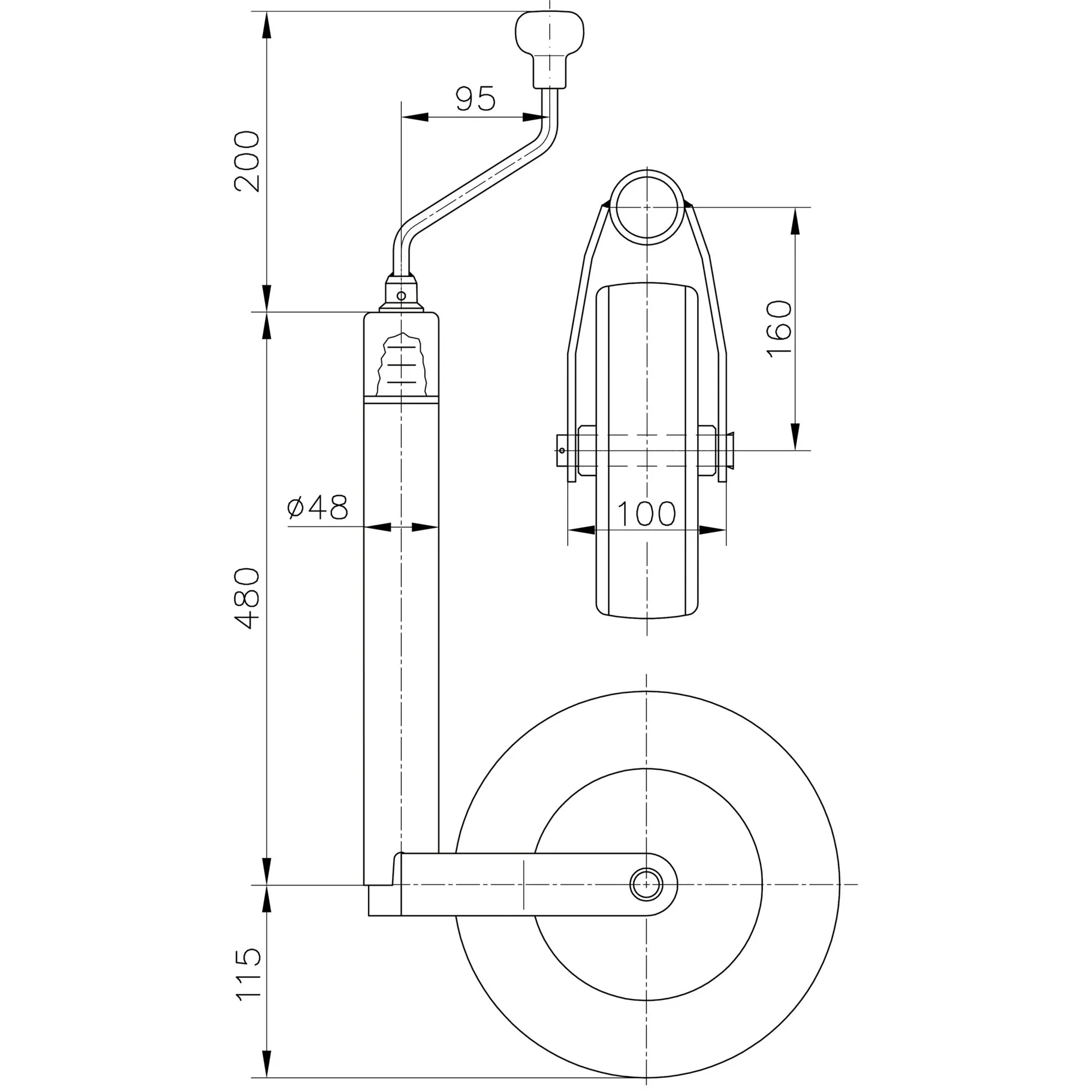 Technische Zeichnung eines Deichsellaufrads mit Stützlastanzeige, Stahlfelge 225 x 70 mm und Maßangaben