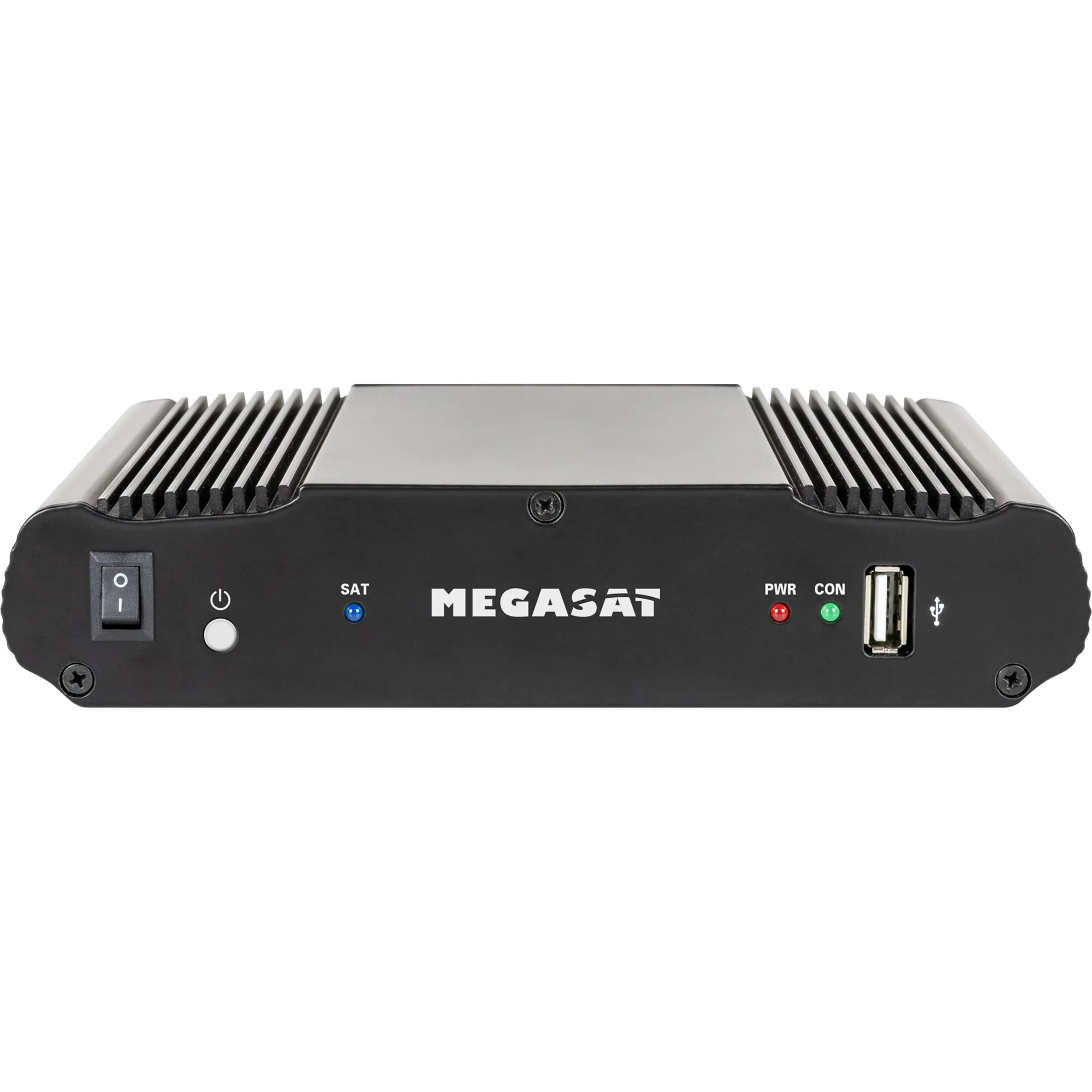 Schwarze MEGASAT-Steuereinheit der Sat-Anlage Caravanman V2 mit Kühlrippen, Schalter, Status-LEDs und USB-Anschluss