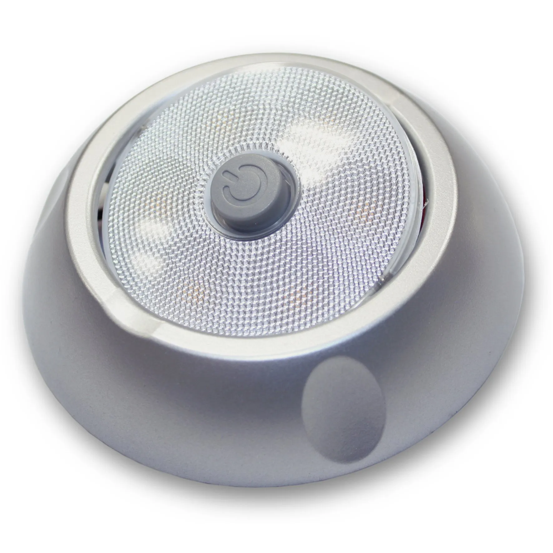 Runder silberfarbener Aufbaustrahler mit strukturierter Lichtfläche und zentralem Ein-Aus-Schalter, 12 V/1,2 W
