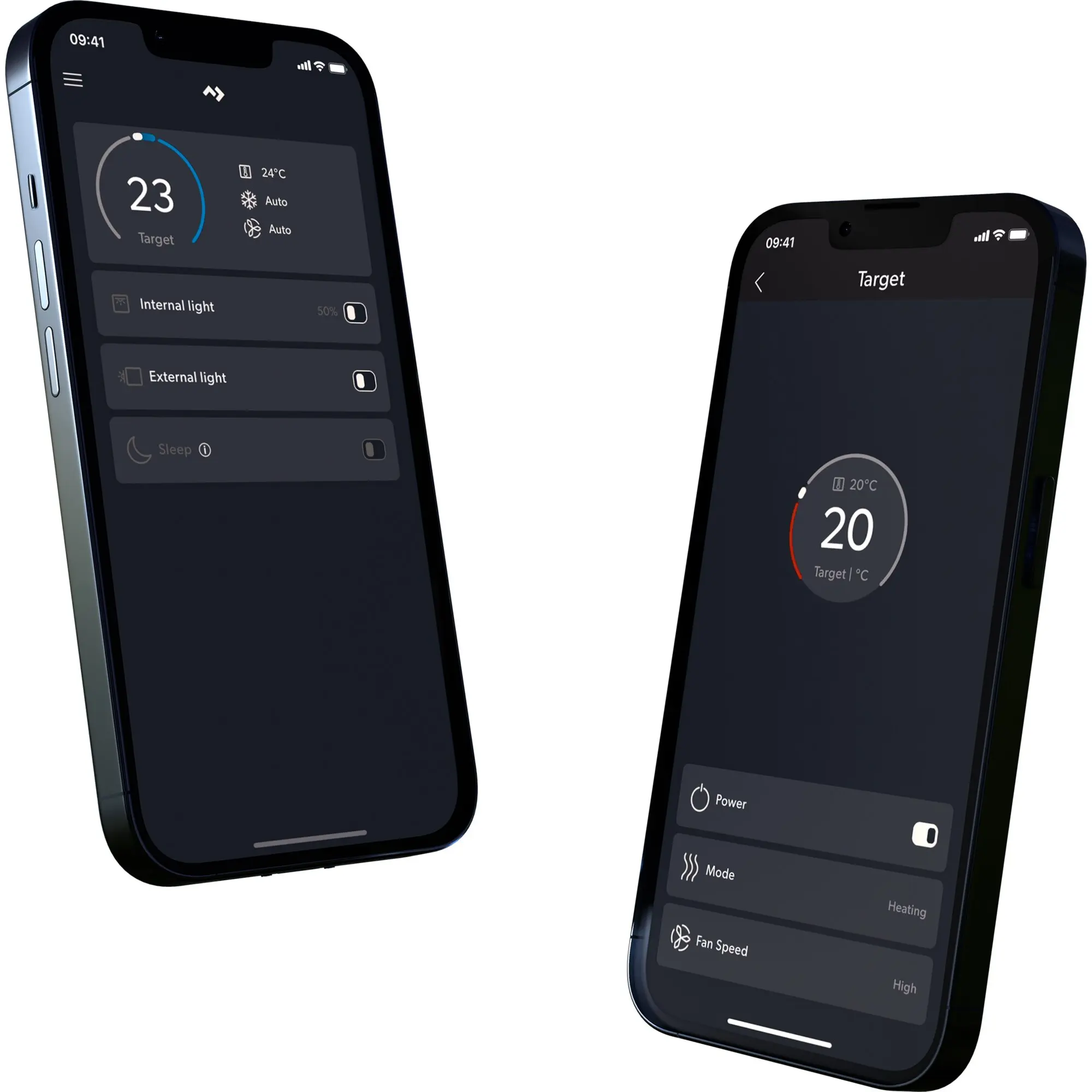 Zwei Smartphones zeigen eine dunkle Klima-App mit Zieltemperatur, links 23°C und rechts 20°C, sowie runde Temperaturanzeige und Einstellungen