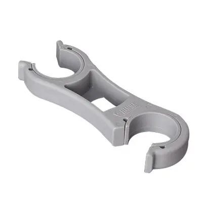 Grauer Kunststoff-Klemmhalter mit zwei runden Clips an den Enden und einem schmalen, flachen Mittelteil