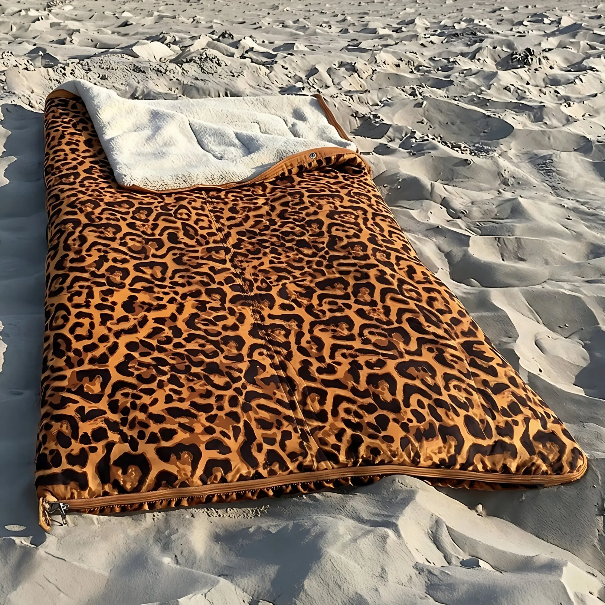 Leopardenfarbener Vanlife-Schlafsack Bentcho mit geöffnetem Reißverschluss und hellem Innenfutter auf verschneitem Untergrund