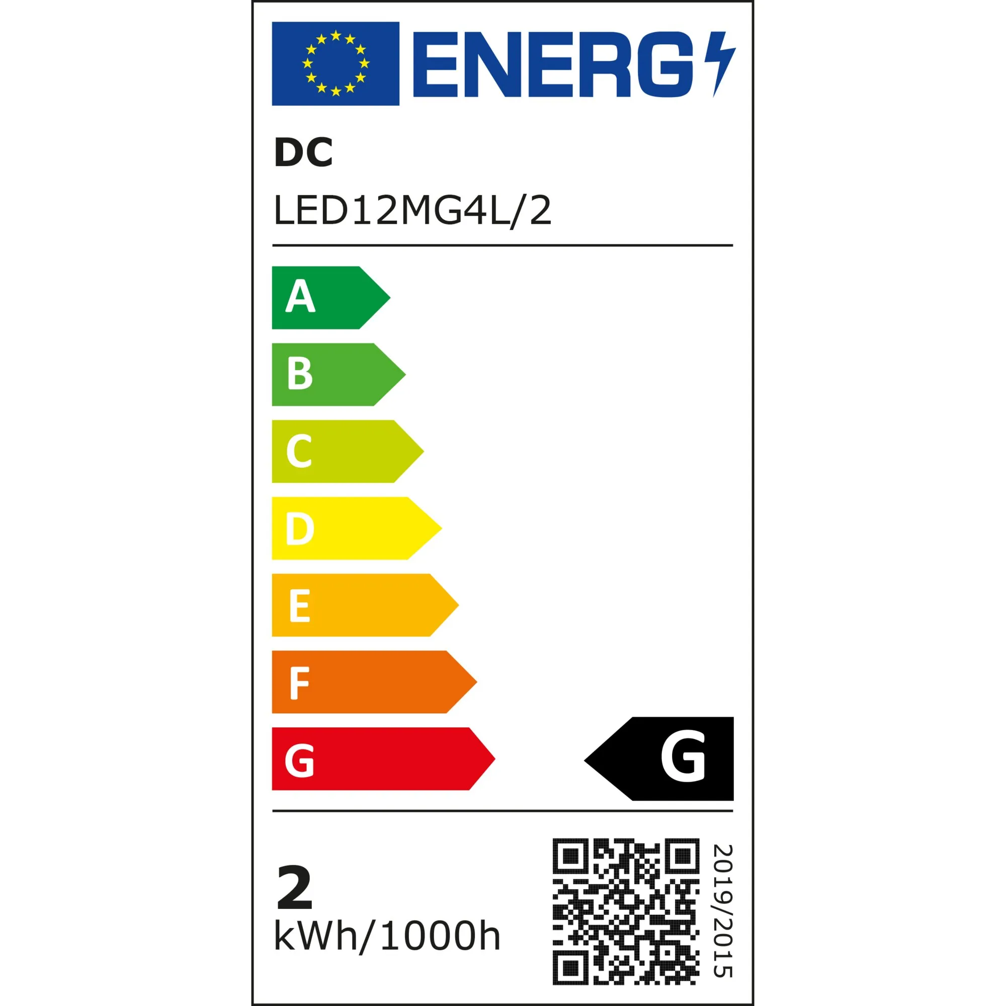 EU-Energieetikett für das LED-G4-Flachmodul LED12MG4L/2 mit Energieeffizienzklasse G und Verbrauch 2 kWh/1000 h