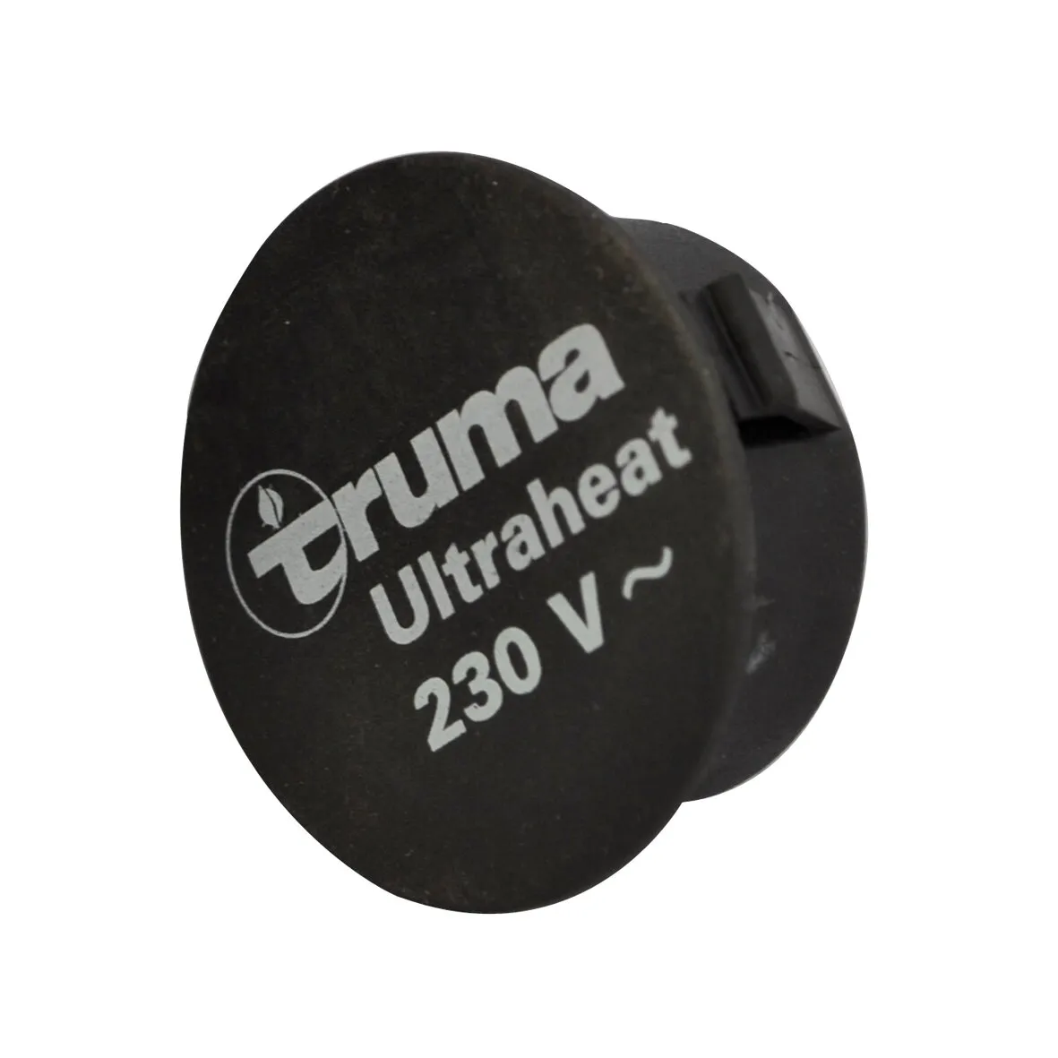 Schwarze runde Abdeckkappe Bruma Ultraheat mit weißem Aufdruck 230 V und seitlicher Aussparung