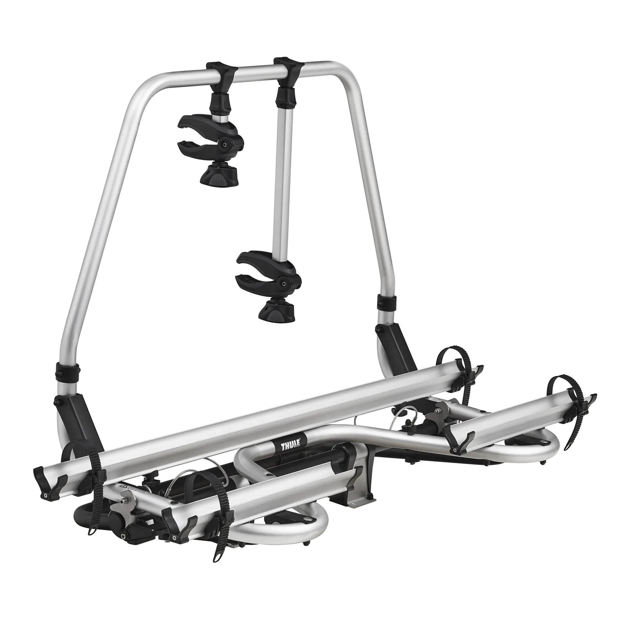 Fahrradträger Thule Caravan Superb, 57 cm, aus silbernen Aluminiumrohren mit mehreren schwarzen Klemmarmen und Halteklammern am Trägerrahmen