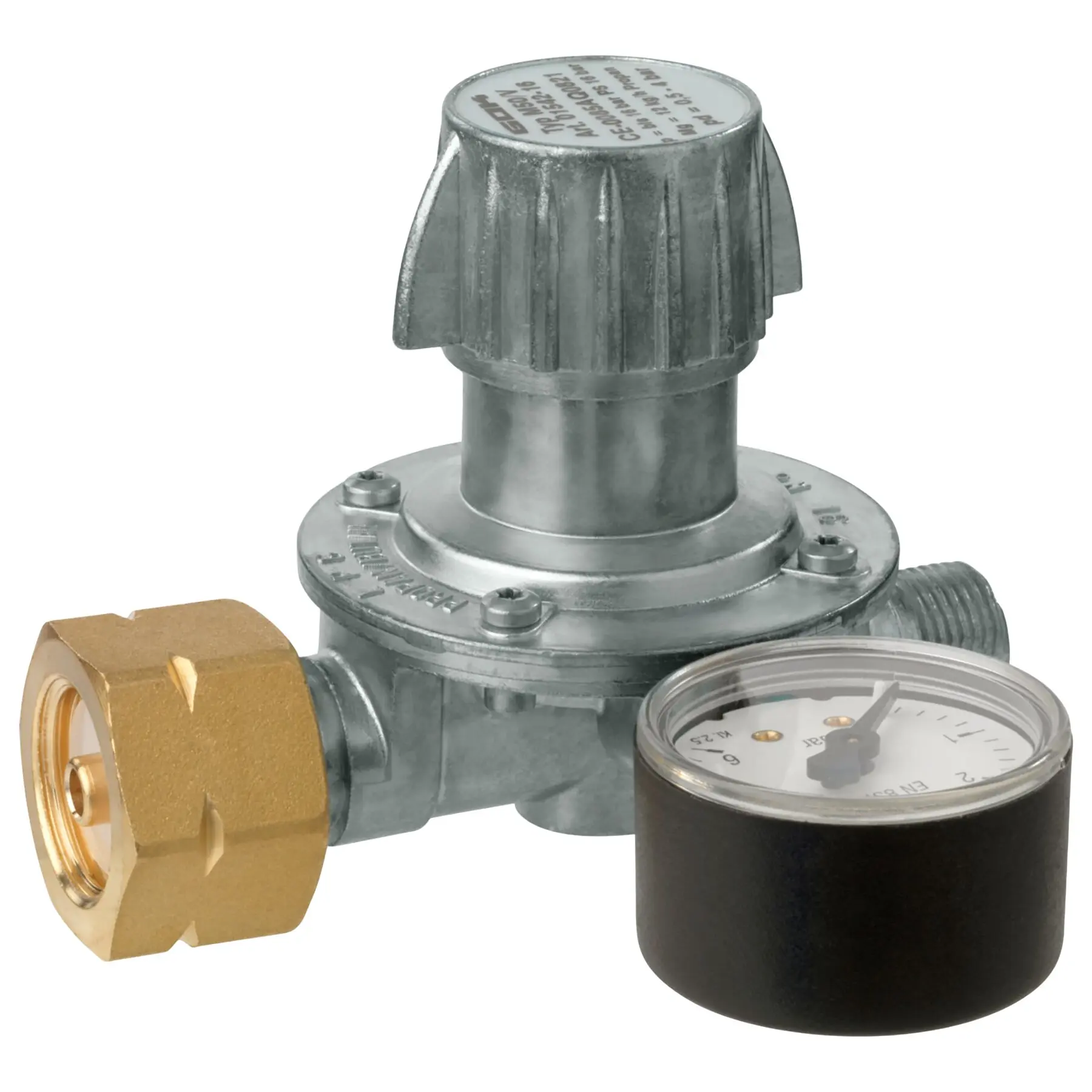 Gasregler mit geriffelter Einstellkappe oben, seitlich sichtbarem Manometer, Messing-Verbindungsstück und silbernem Metallgehäuse in Nahaufnahme
