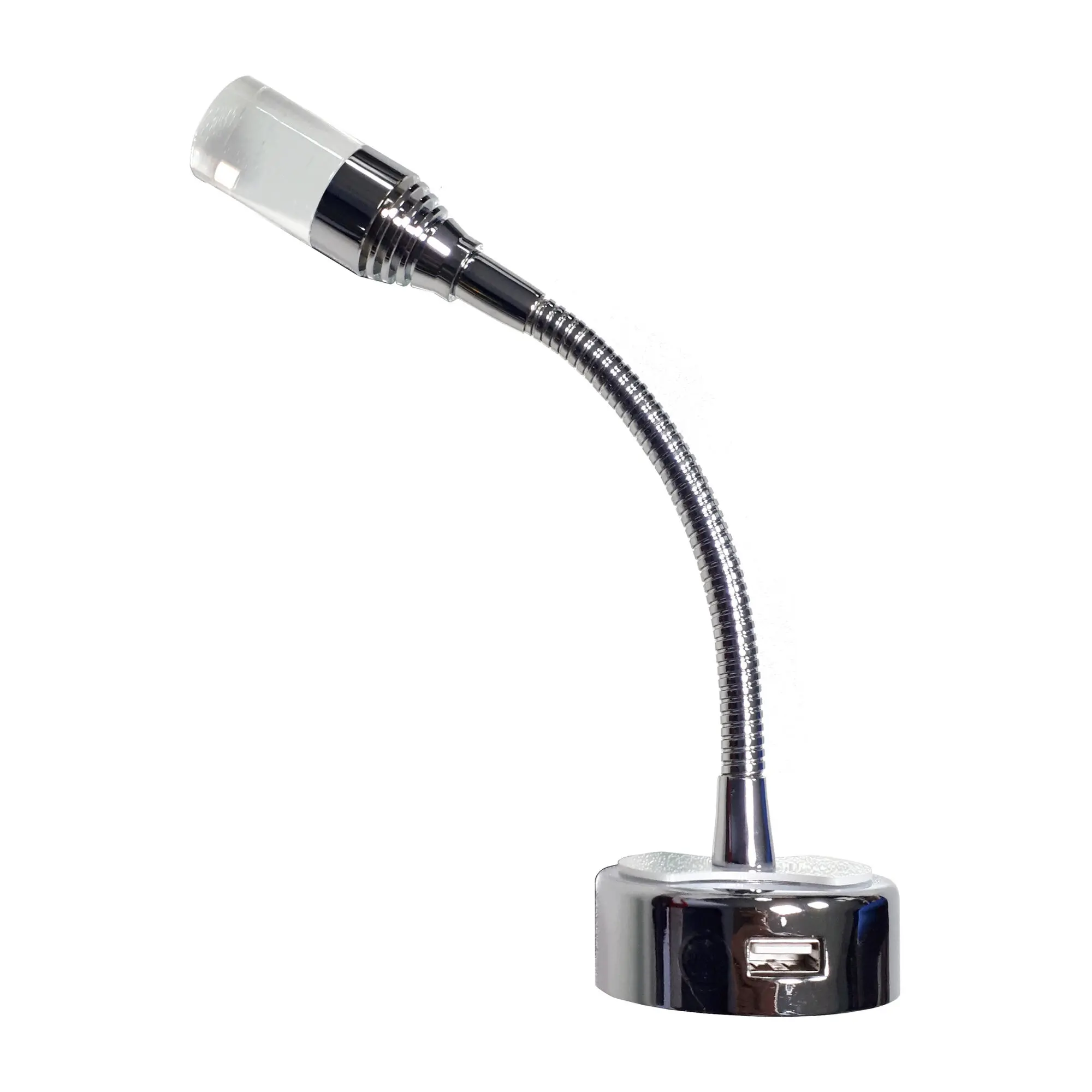 Verstellbare Leseleuchte mit flexiblem Schwanenhals, silberne Basis mit USB-Anschluss und Lampenkopf aus Metall