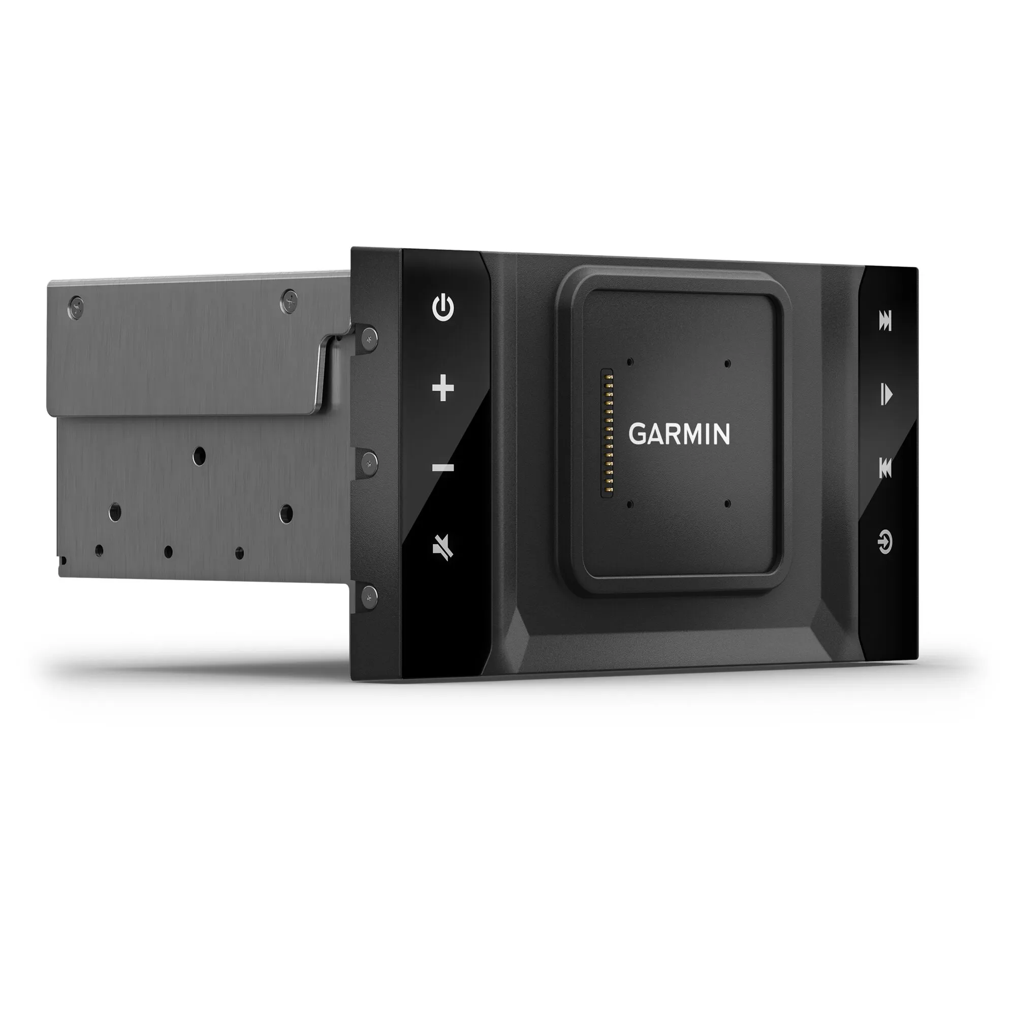 Schwarze Garmin VIEO RV52 Dockingstation mit seitlichen Bedientasten, zentralen Kontaktstiften und silberner Montagehalterung