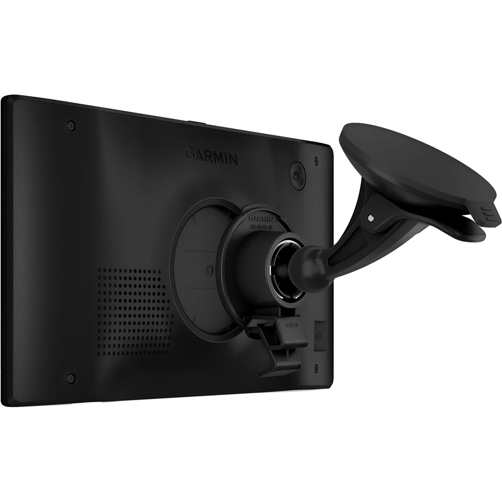Garmin Camper 795 MT-D EU, schwarze Rückansicht des Navigationssystems mit Lautsprecher, Halterung und Saugnapfhalterung