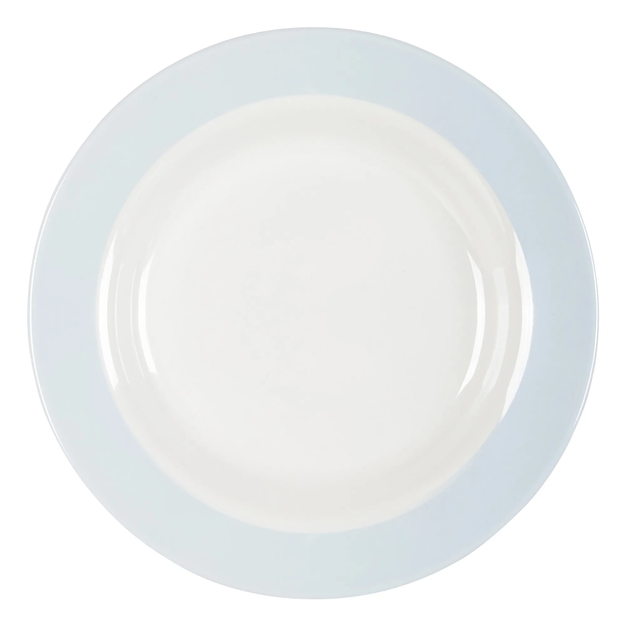 Runder weißer Teller mit breitem hellblauem Rand aus dem Geschirrset Colour Line, Ansicht von oben