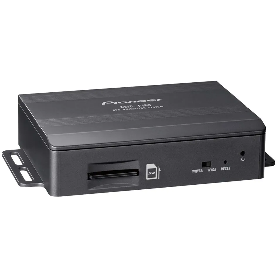 Schwarzes Pioneer AVIC-F160 Navigationsmodul in Frontansicht mit SD-Kartensteckplatz, WVGA-Anzeige, Reset-Taste und Montagewinkeln