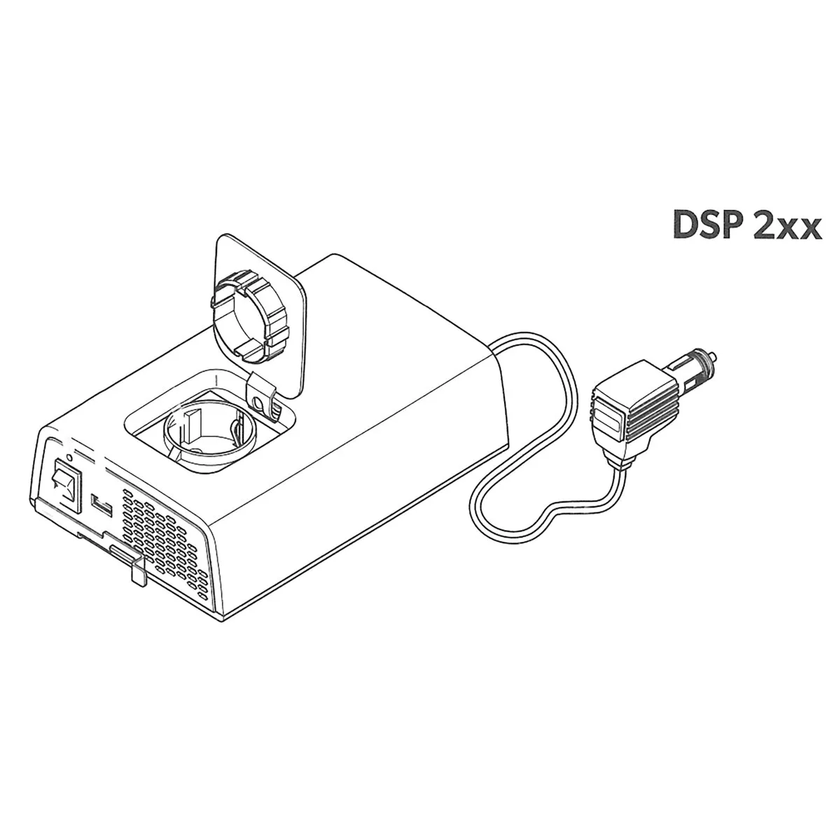 Sinus-Wechselrichter SinePower DSP 24 V, 150 W mit zwei Steckdosen, Lüftungsgittern und Anschlusskabel mit Zigarettenanzünderstecker