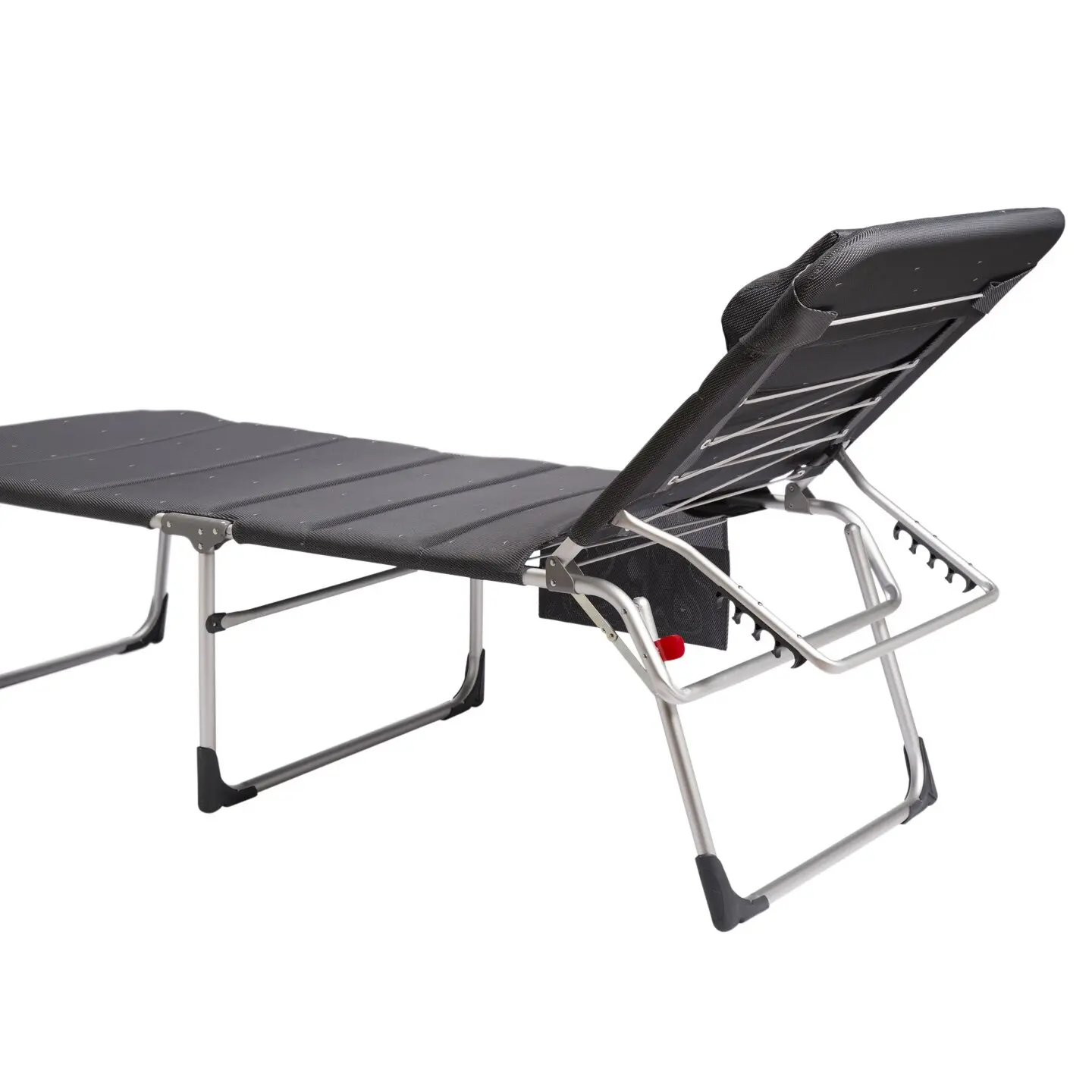 Sonnenliege XL AL/363 Deluxe mit dunkelgrauer Stoffbespannung, verstellbarer Rückenlehne, silbernem Gestell und rotem Verriegelungsknopf