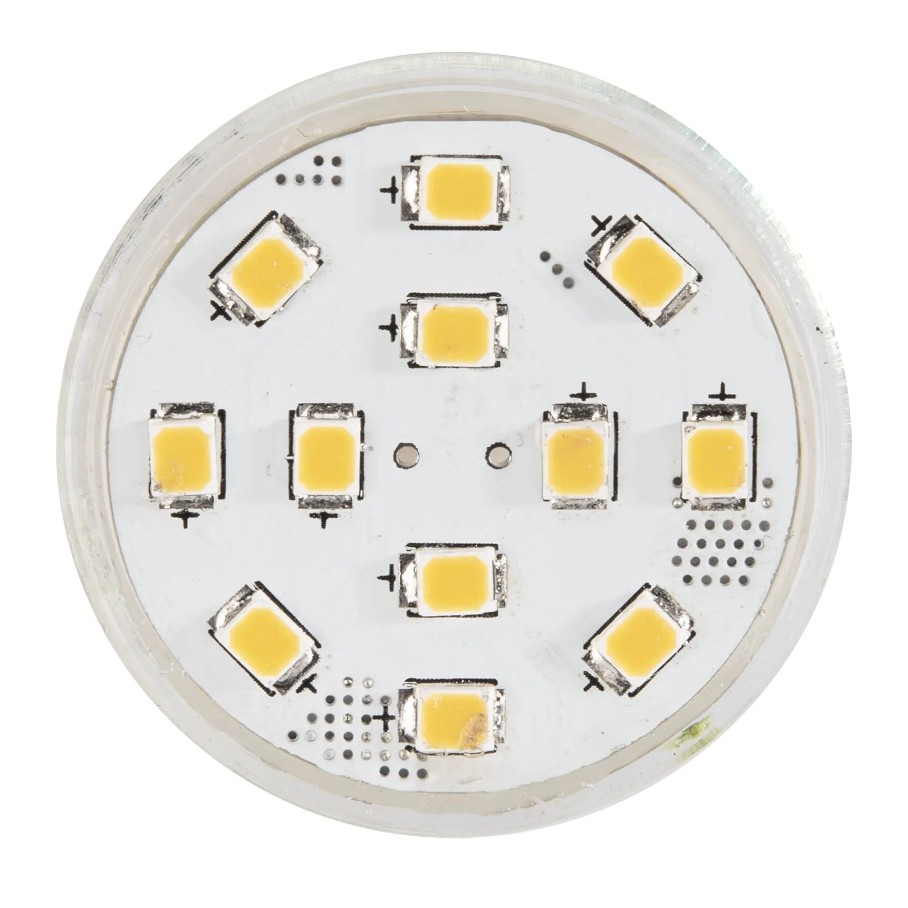 Detailaufnahme eines runden LED-Leuchtmittels GU4 mit 2 W und zahlreichen gelben LED-Chips auf einer weißen Platine