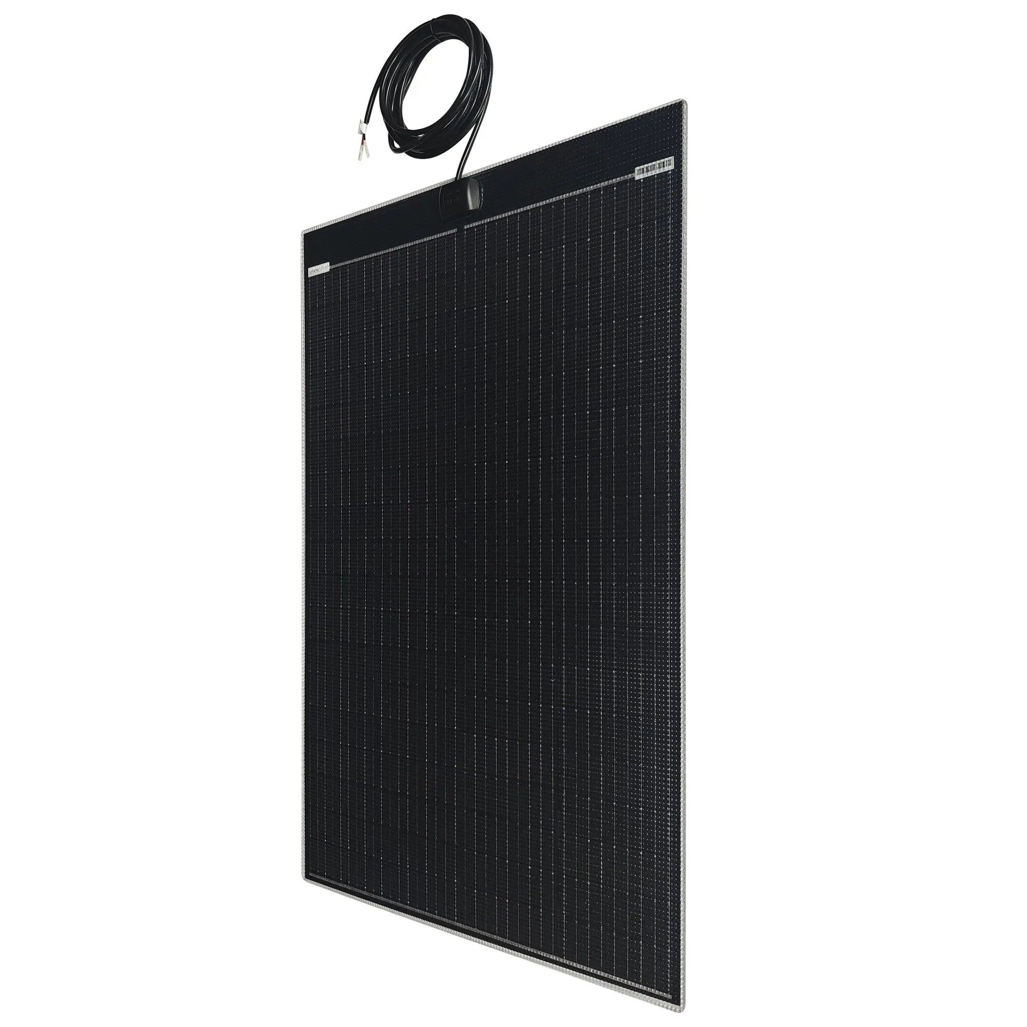 Solarmodul Light & Flat SM-LFS 130 W, schwarzes Panel mit feiner Rasterstruktur, silbernem Rand und oben angeschlossenem Kabel mit Steckern