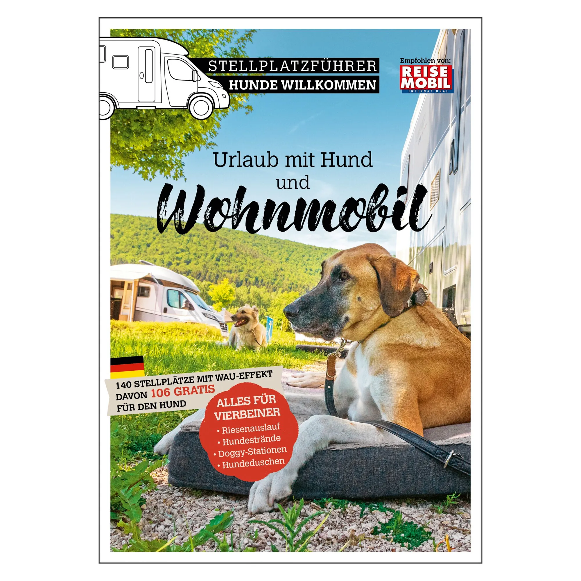 Cover des Stellplatzführers Hunde willkommen mit zwei Hunden zwischen Wohnmobilen und Hinweisen zu hundefreundlichen Stellplätzen