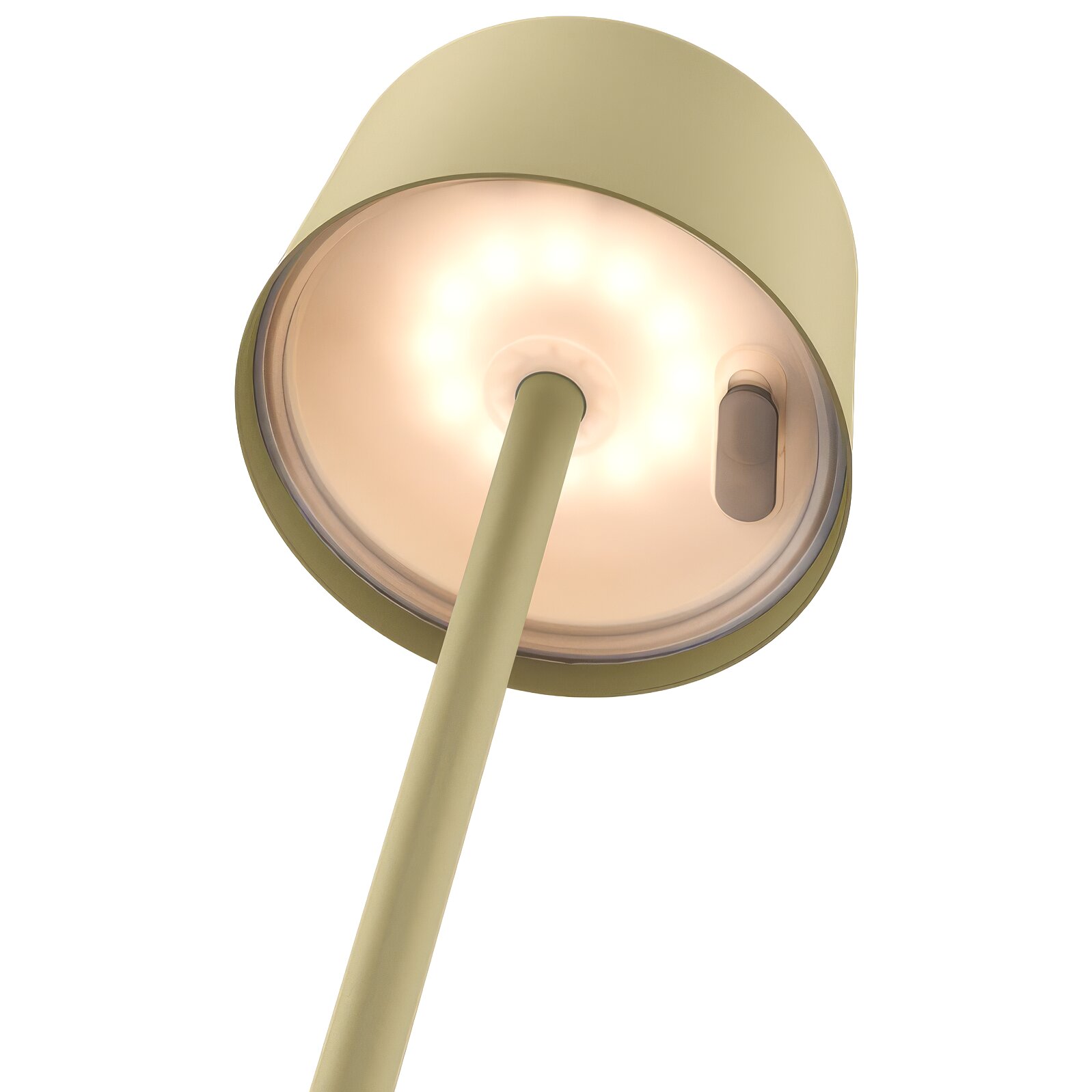 Beige LED-Tischleuchte von unten mit runder Leuchtenbasis, warmem Lichtring aus LEDs und langem Stab; seitlich sichtbarer Schalter